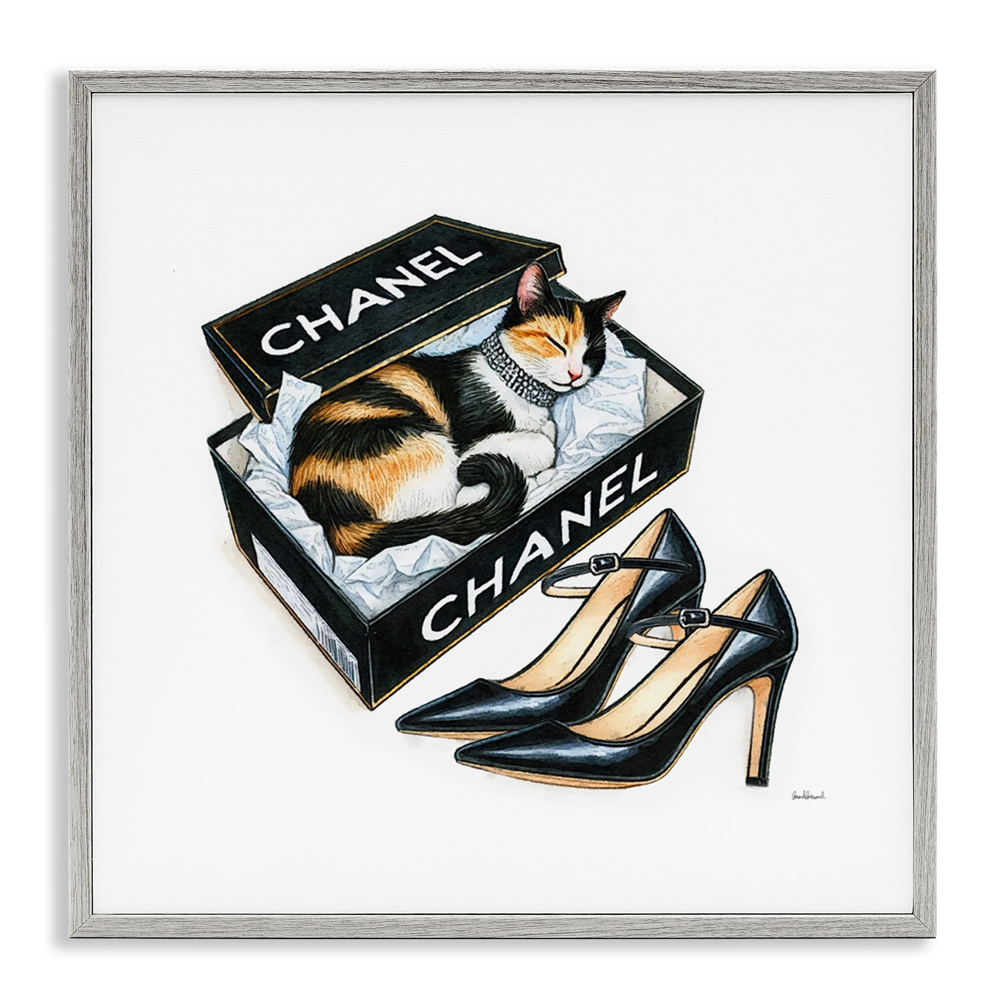 Stupell Industries Cat Sleeping Heels Box Animals Painting Gray Framed Art Print Wall Art, 17 x 17