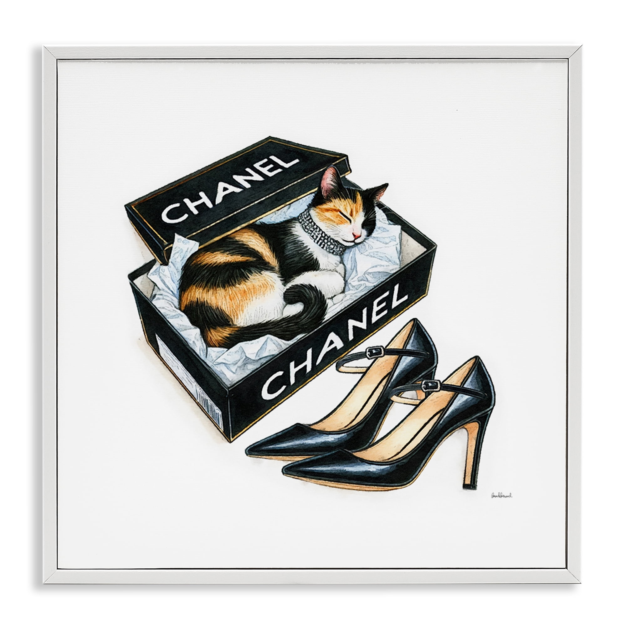 Stupell Industries Cat Sleeping Heels Box Animals Painting White Framed Art Print Wall Art, 17 x 17