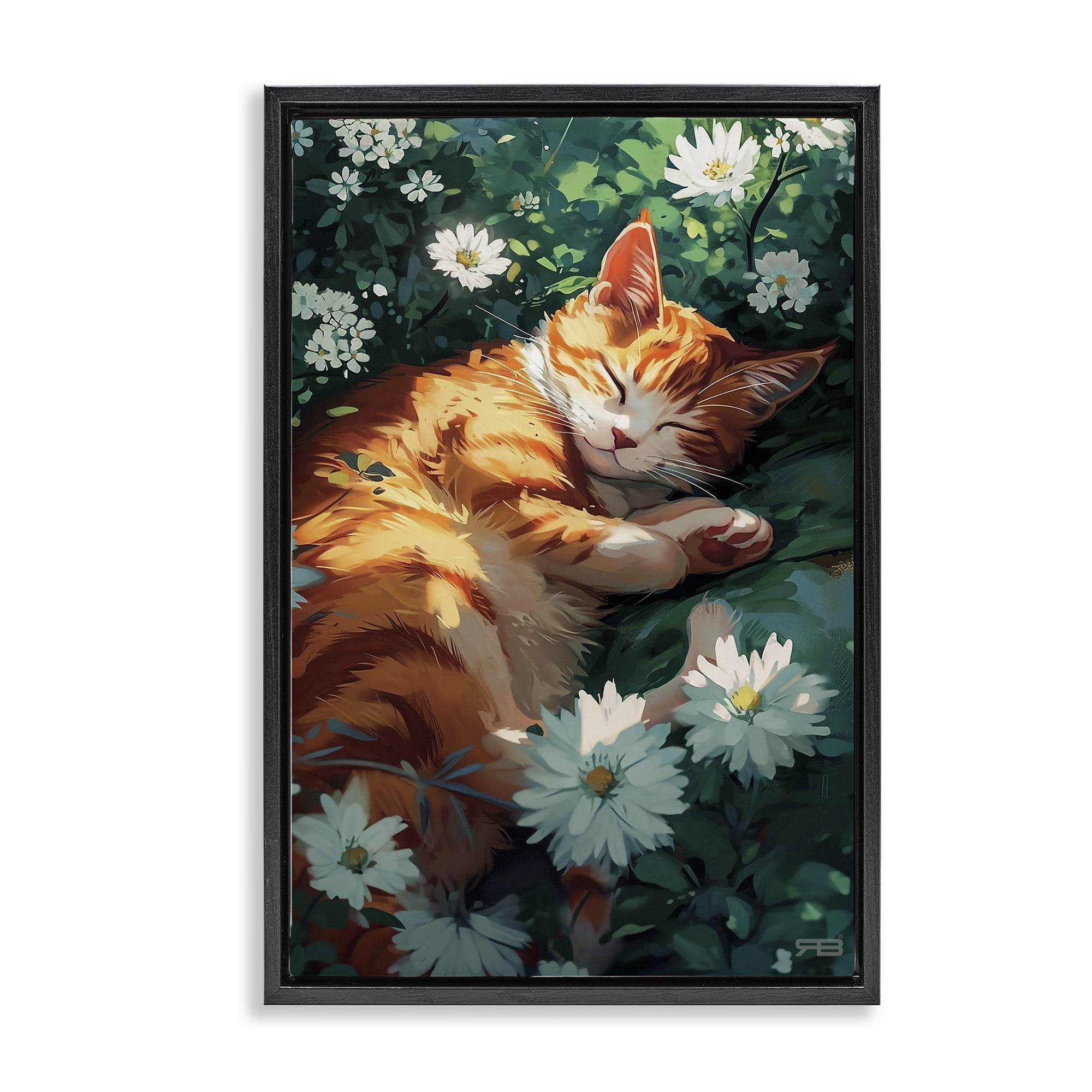 Stupell Industries Cat Sleeping in Meadow Animals & Insects Painting Black Floater Framed Canvas Art Print Wall Art, 21 x 31