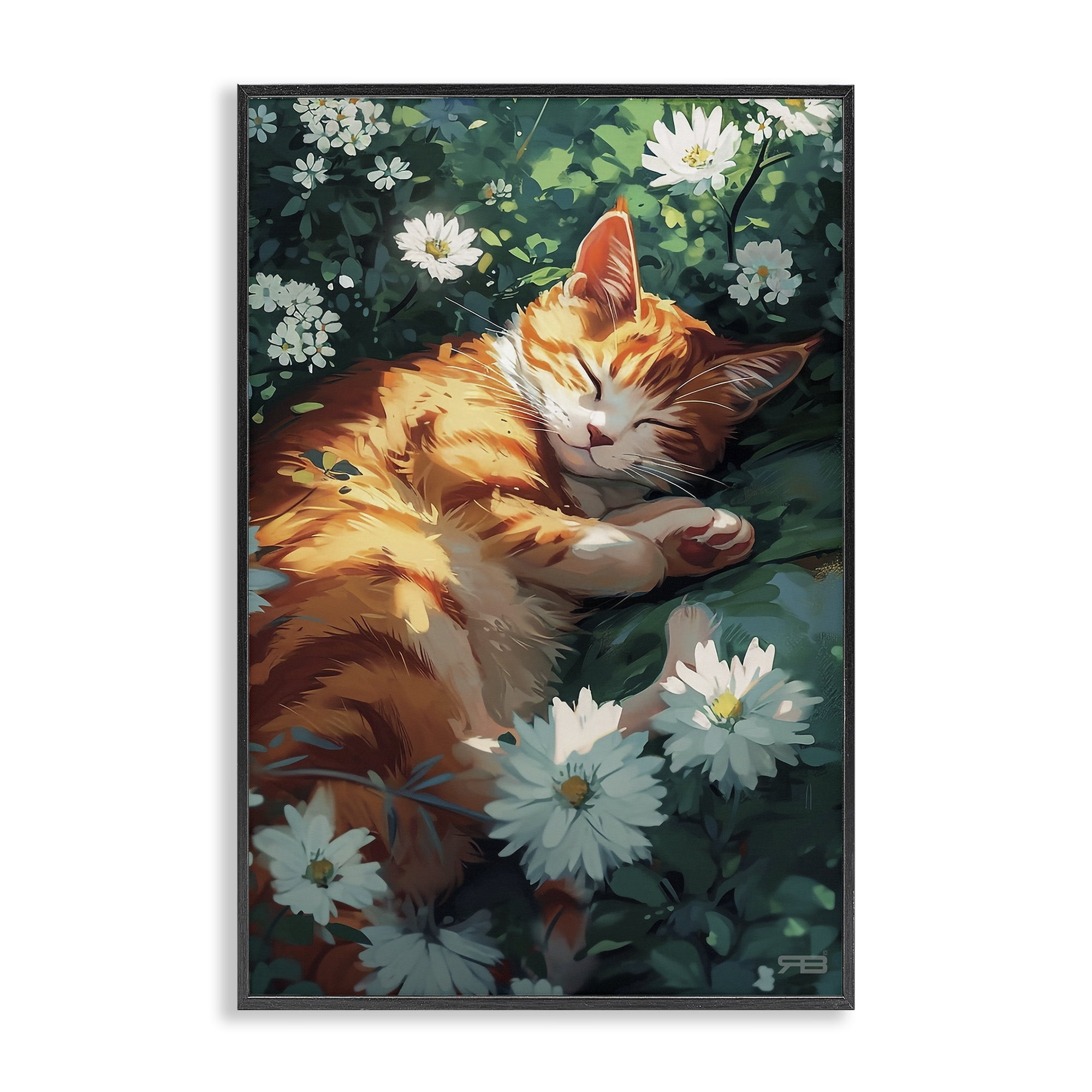 Stupell Industries Cat Sleeping in Meadow Animals & Insects Painting Black Framed Art Print Wall Art, 12 x 18