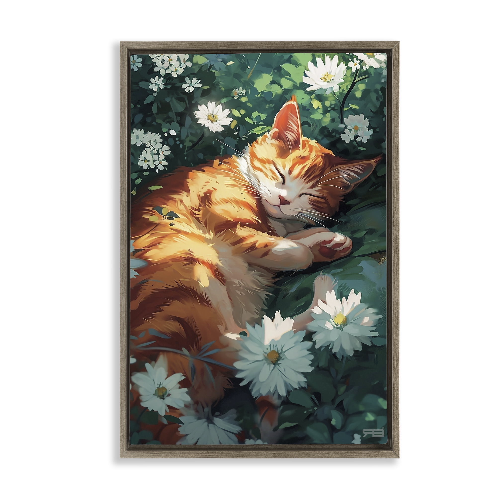 Stupell Industries Cat Sleeping in Meadow Animals & Insects Painting Brown Floater Framed Canvas Art Print Wall Art, 21 x 31