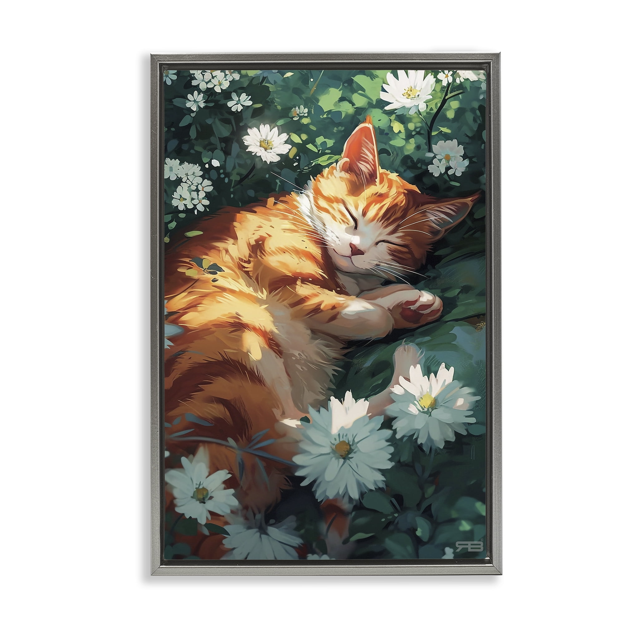 Stupell Industries Cat Sleeping in Meadow Animals & Insects Painting Gray Floater Framed Canvas Art Print Wall Art, 21 x 31