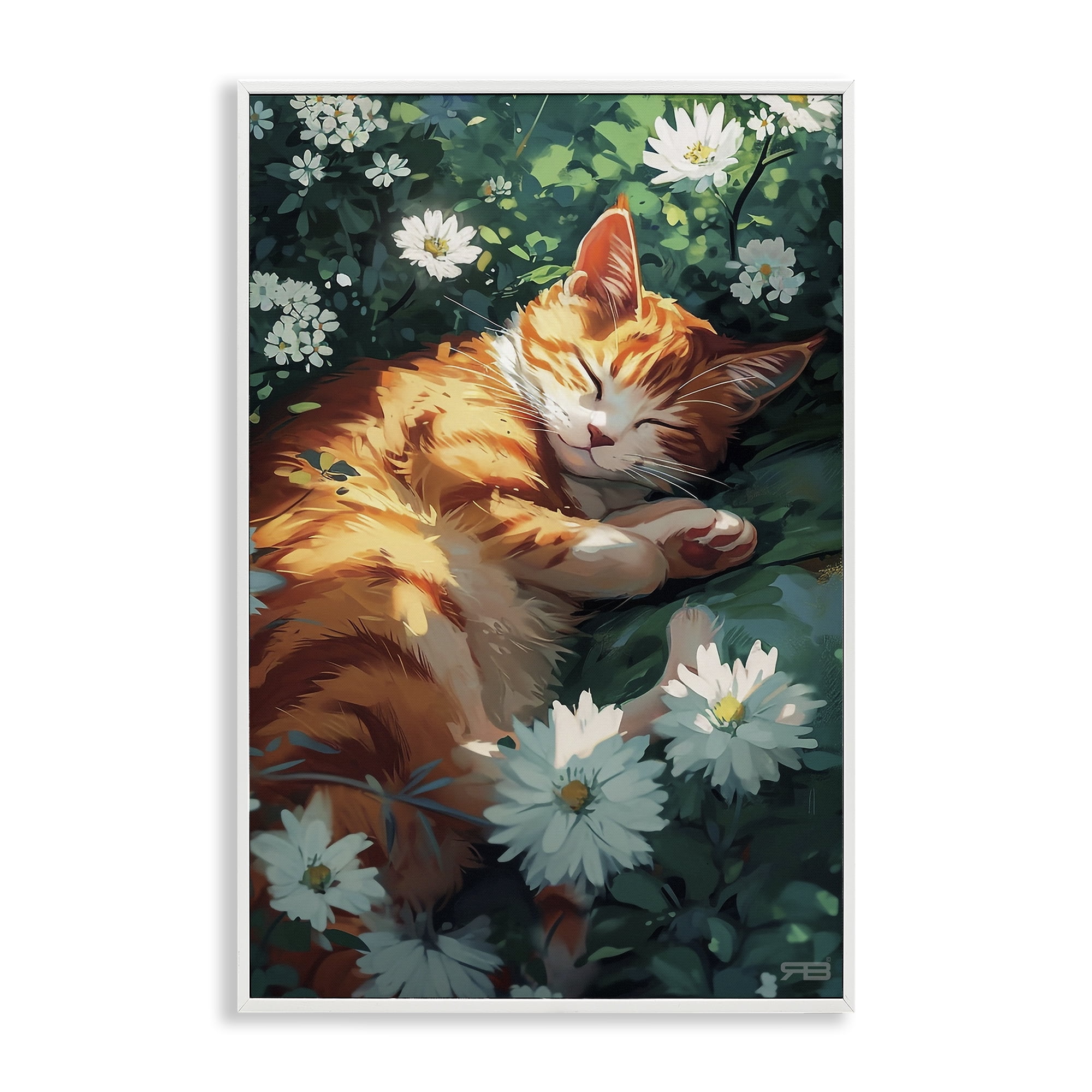 Stupell Industries Cat Sleeping in Meadow Animals & Insects Painting White Framed Art Print Wall Art, 12 x 18