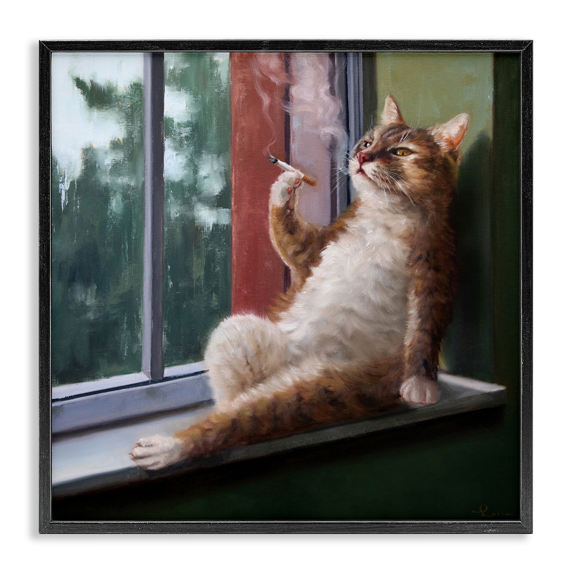 Stupell Industries Cat Smoking Lounging in Window Animals & Insects Painting Black Framed Art Print Wall Art, 17 x 17