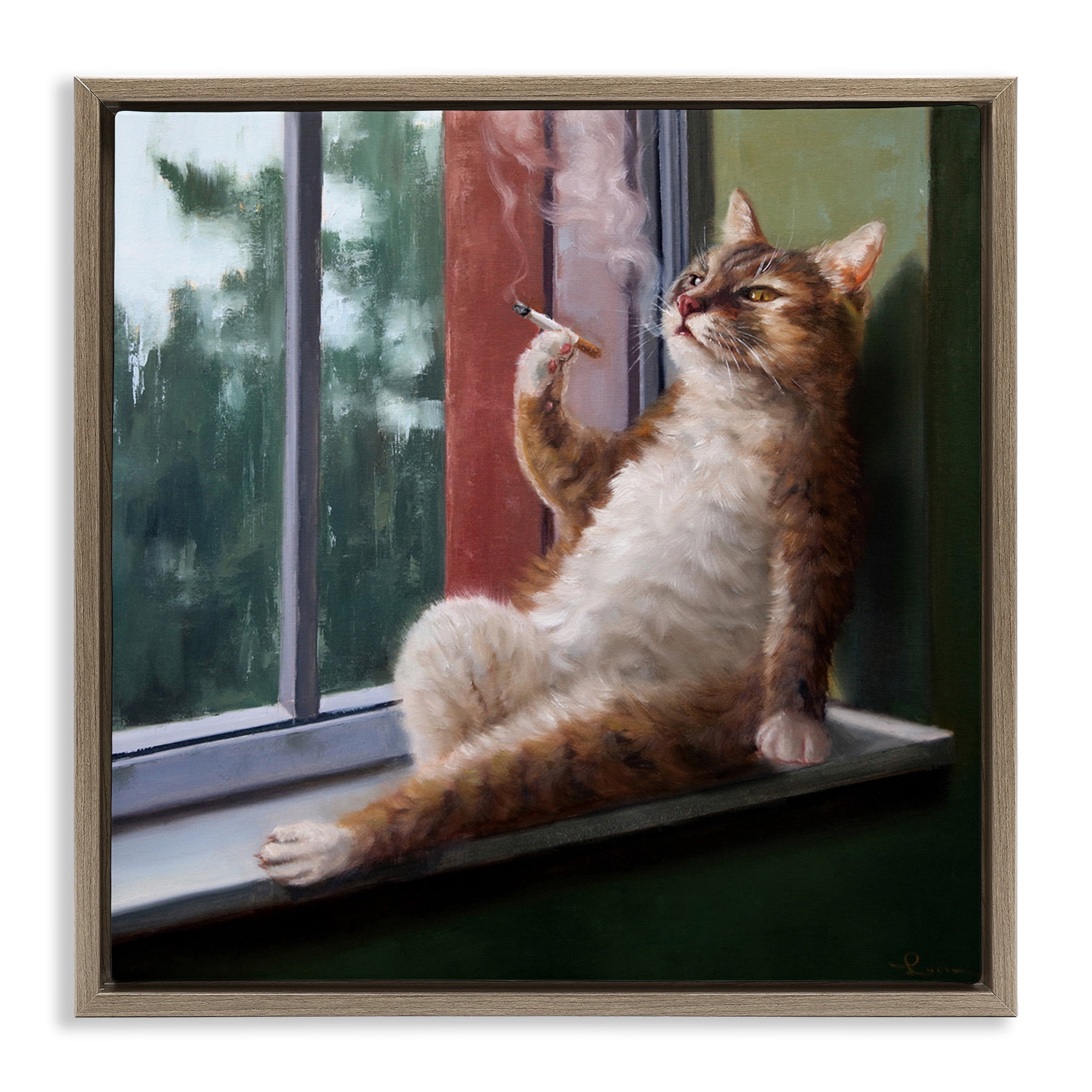 Stupell Industries Cat Smoking Lounging in Window Animals & Insects Painting Brown Floater Framed Canvas Art Print Wall Art, 25 x 25