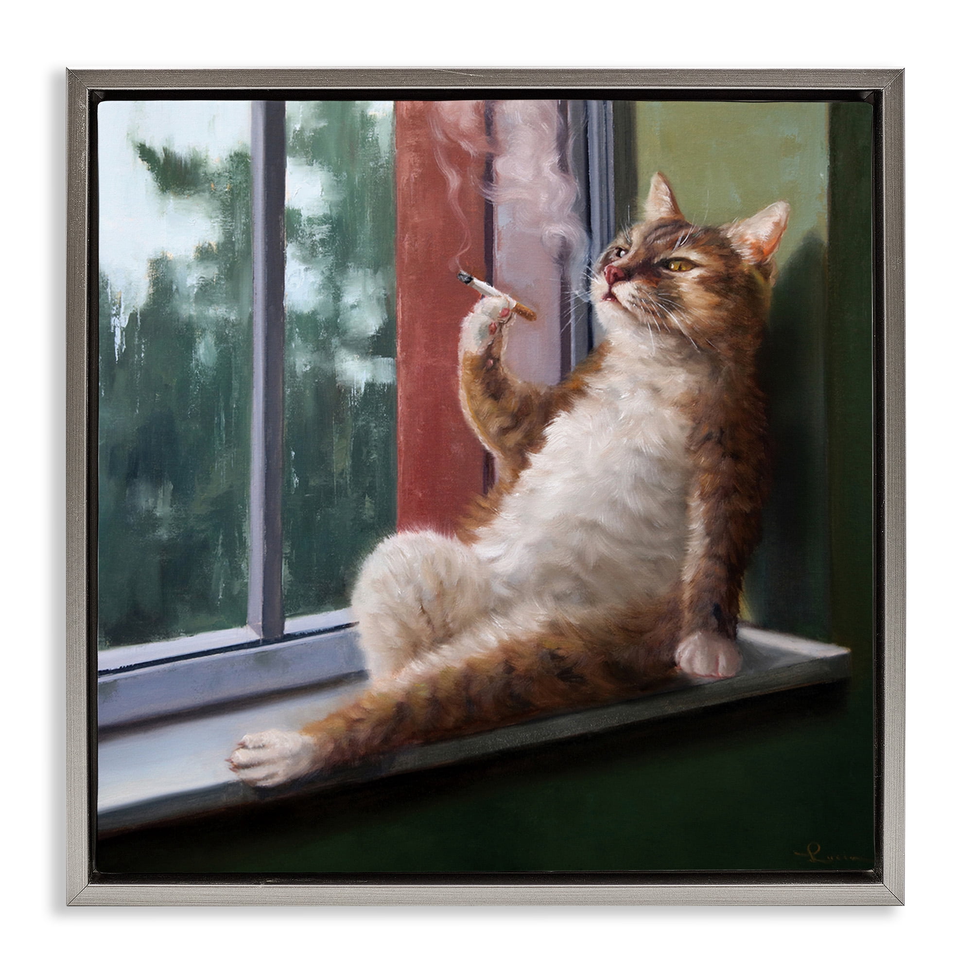 Stupell Industries Cat Smoking Lounging in Window Animals & Insects Painting Gray Floater Framed Canvas Art Print Wall Art, 25 x 25