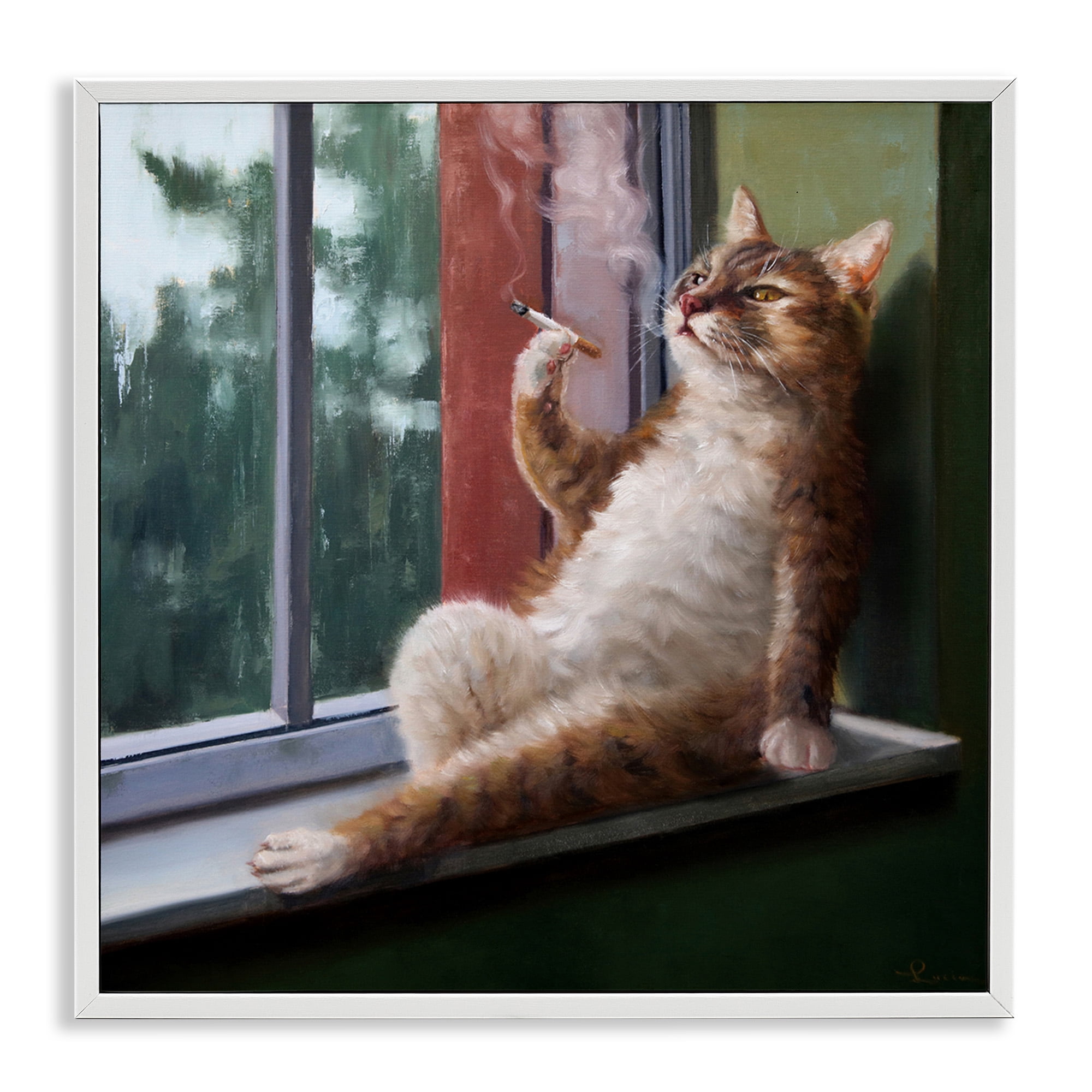 Stupell Industries Cat Smoking Lounging in Window Animals & Insects Painting White Framed Art Print Wall Art, 12 x 12