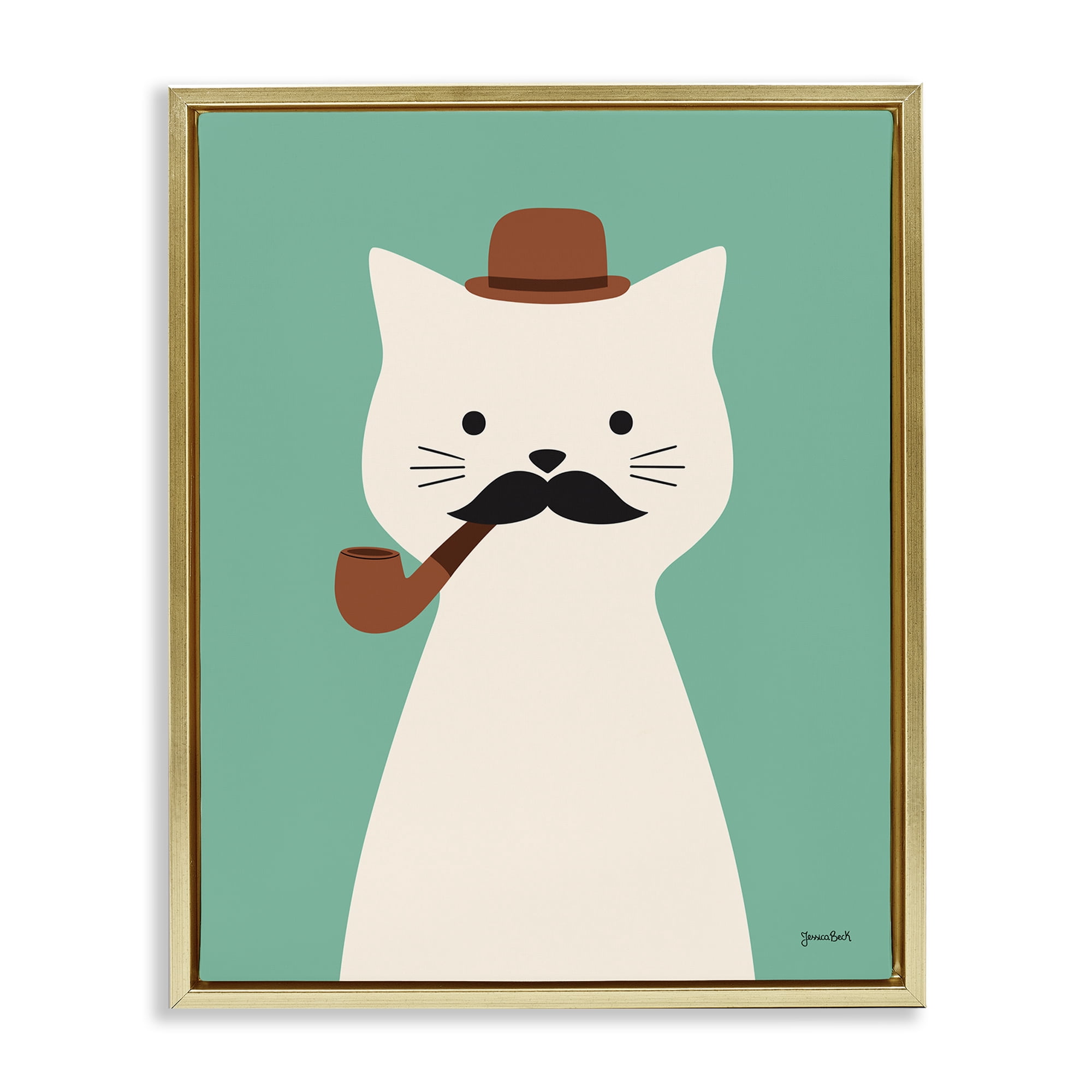 Stupell Industries Cat Smoking Pipe Animals Painting Gold Floater Framed Canvas Art Print Wall Art, 17 x 21