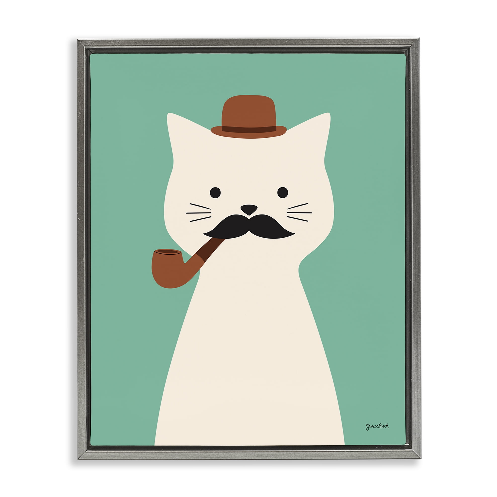 Stupell Industries Cat Smoking Pipe Animals Painting Gray Floater Framed Canvas Art Print Wall Art, 17 x 21