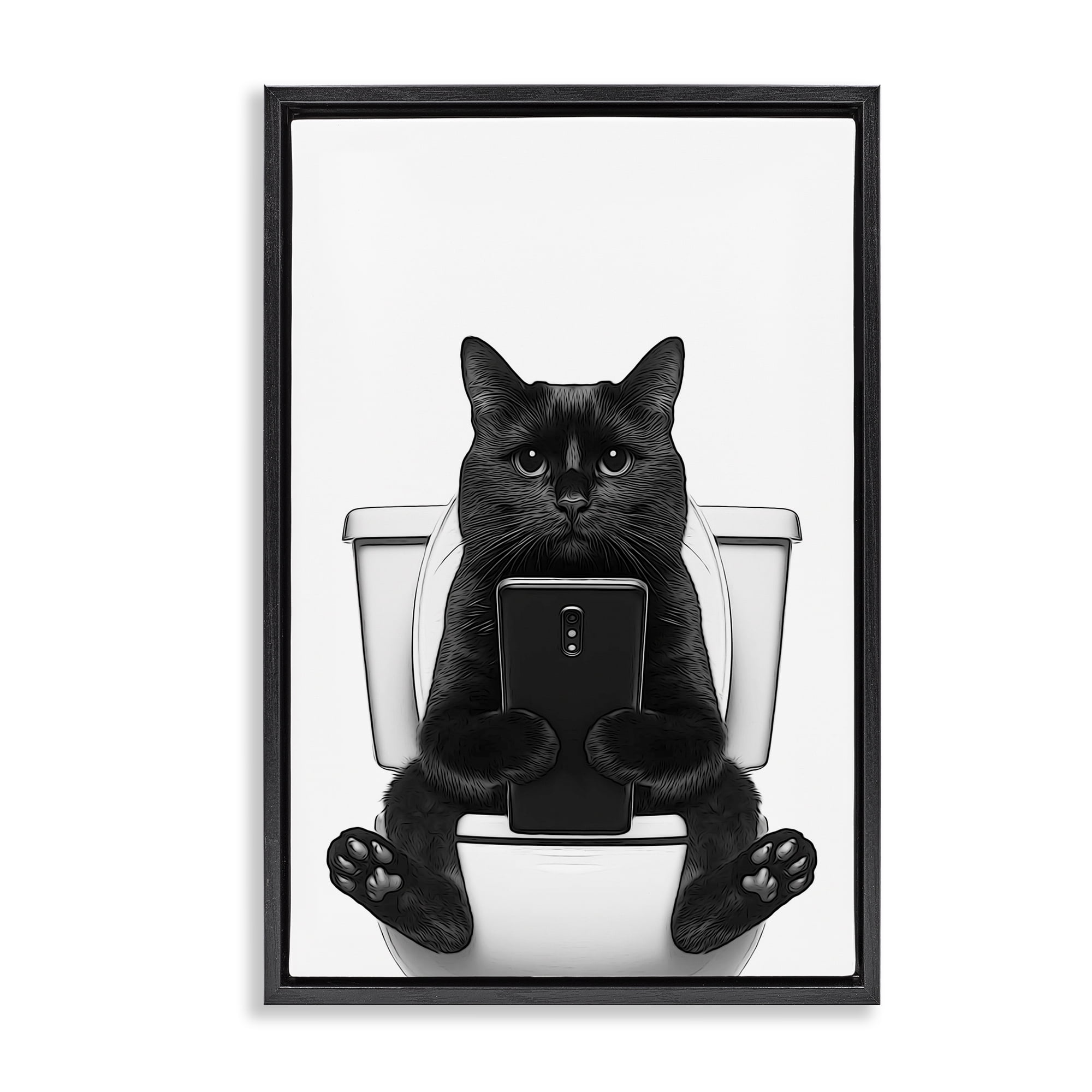 Stupell Industries Cat Texting on Toilet Typography Painting Black Floater Framed Canvas Art Print Wall Art, 17 x 25