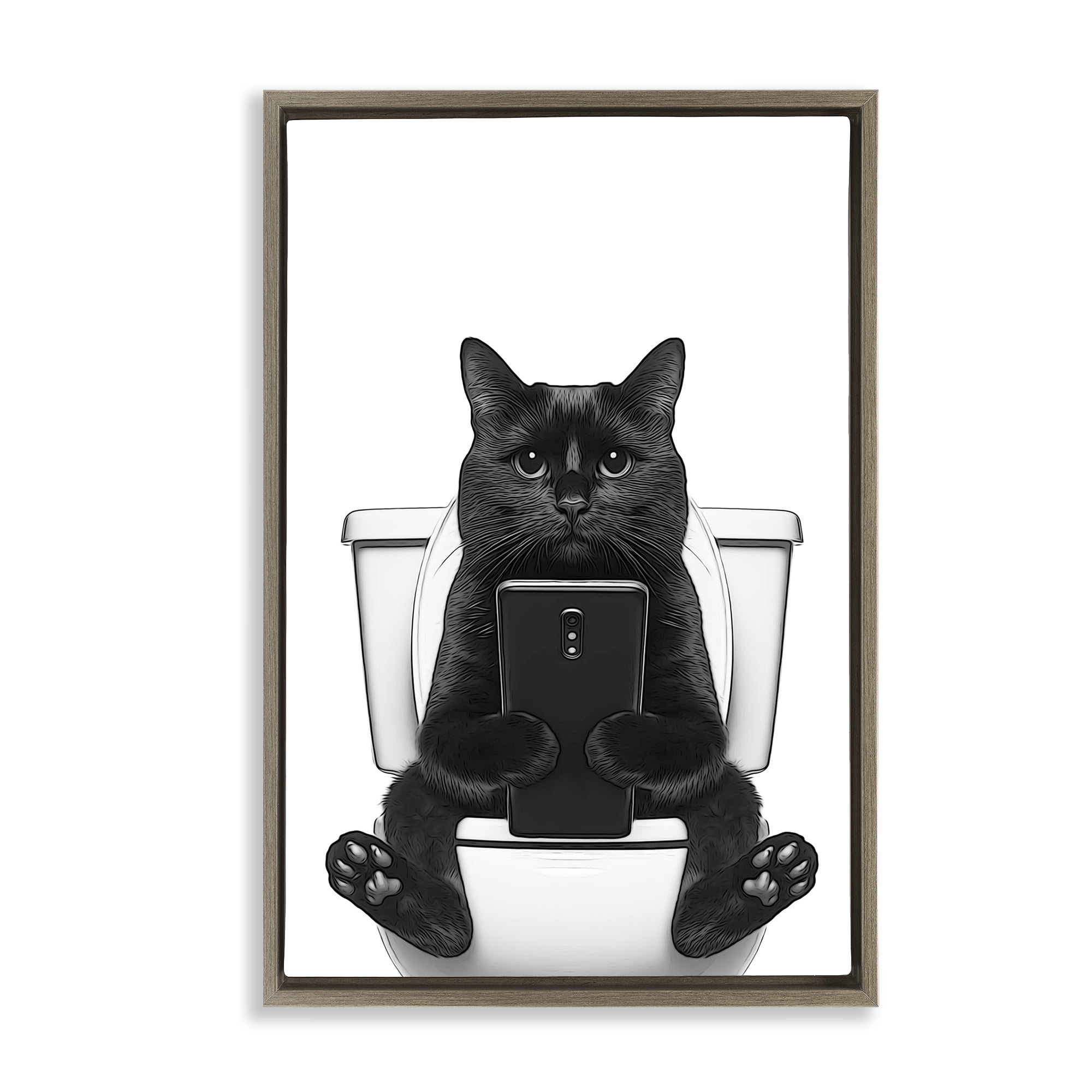Stupell Industries Cat Texting on Toilet Typography Painting Brown Floater Framed Canvas Art Print Wall Art, 21 x 31