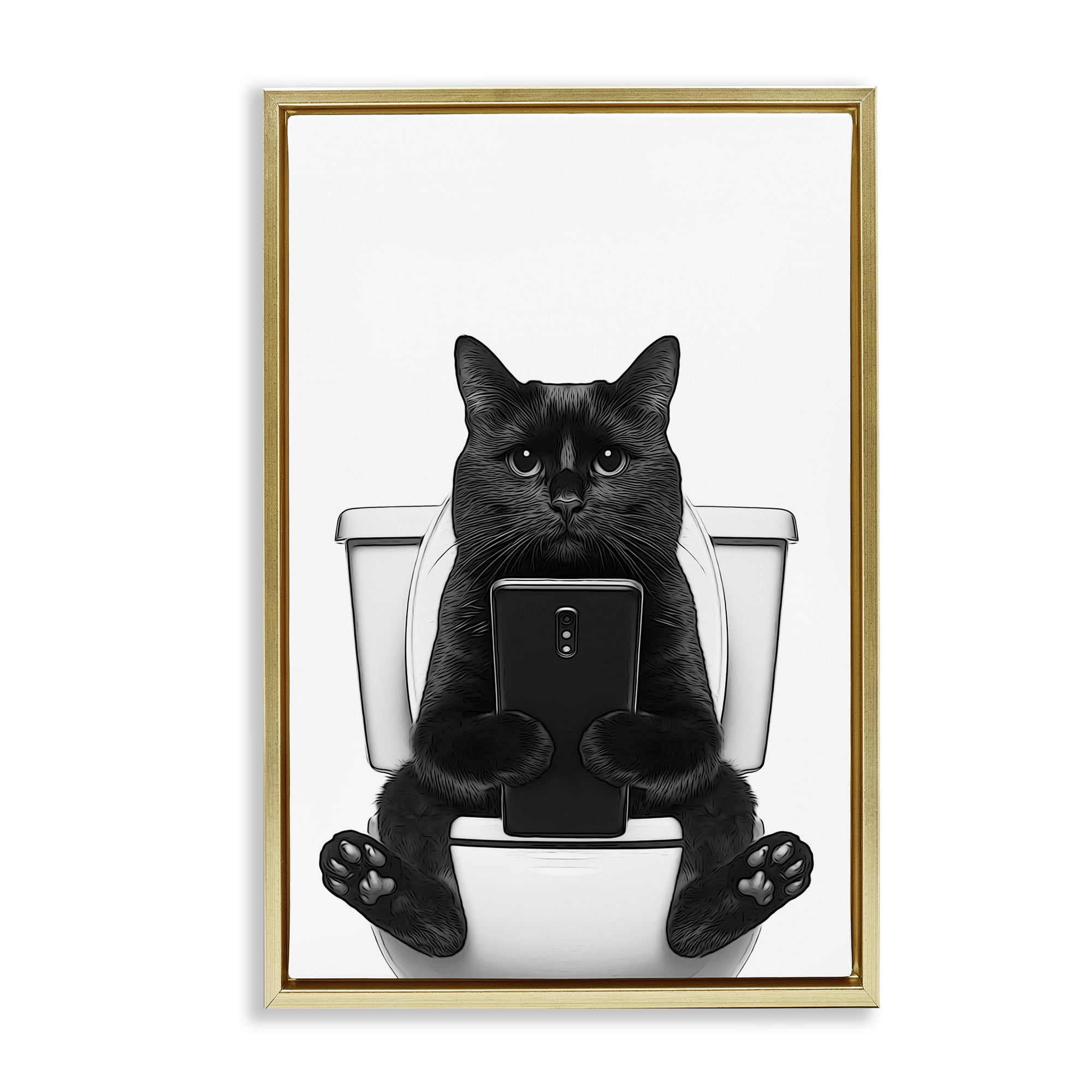 Stupell Industries Cat Texting on Toilet Typography Painting Gold Floater Framed Canvas Art Print Wall Art, 17 x 25