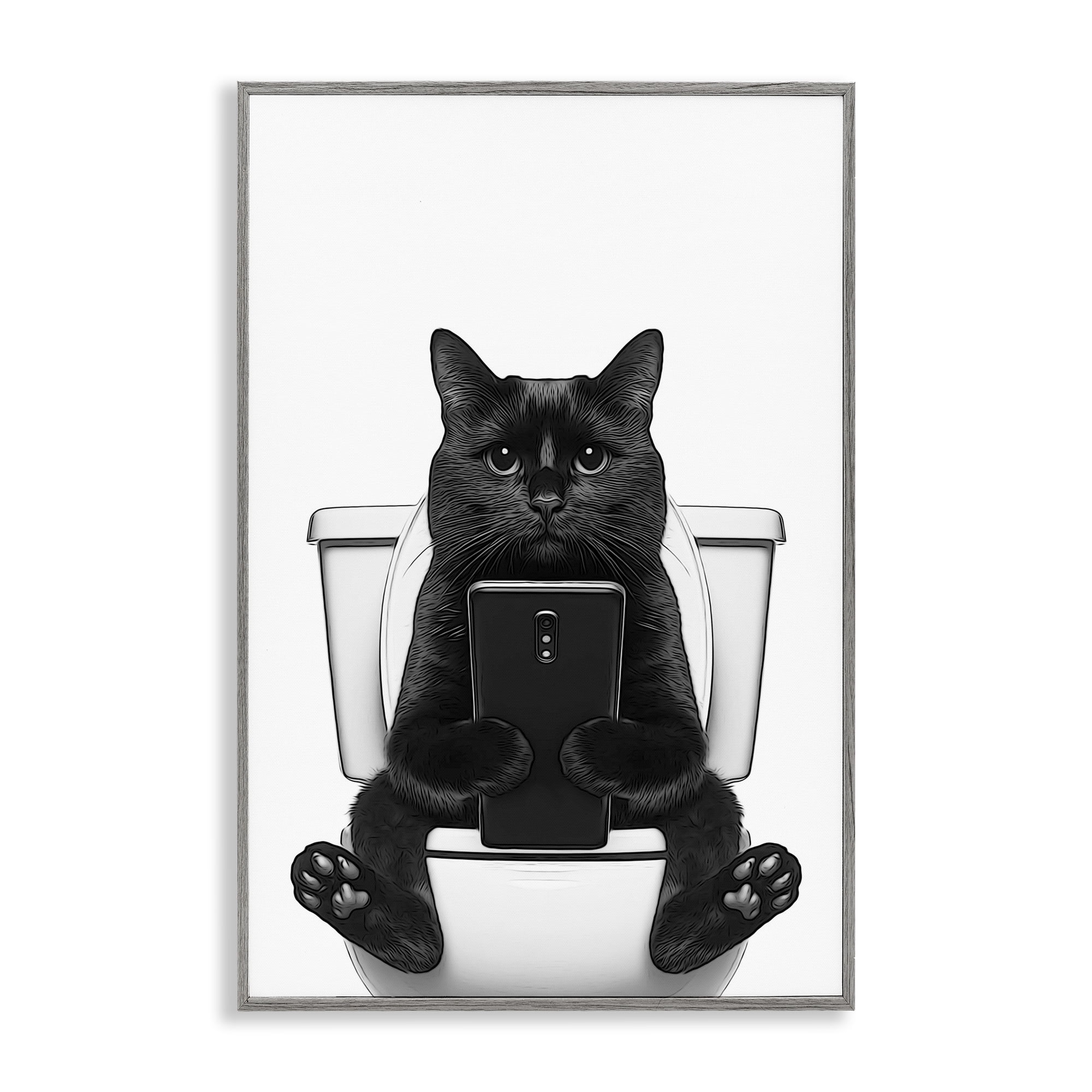 Stupell Industries Cat Texting on Toilet Typography Painting Gray Framed Art Print Wall Art, 20 x 30