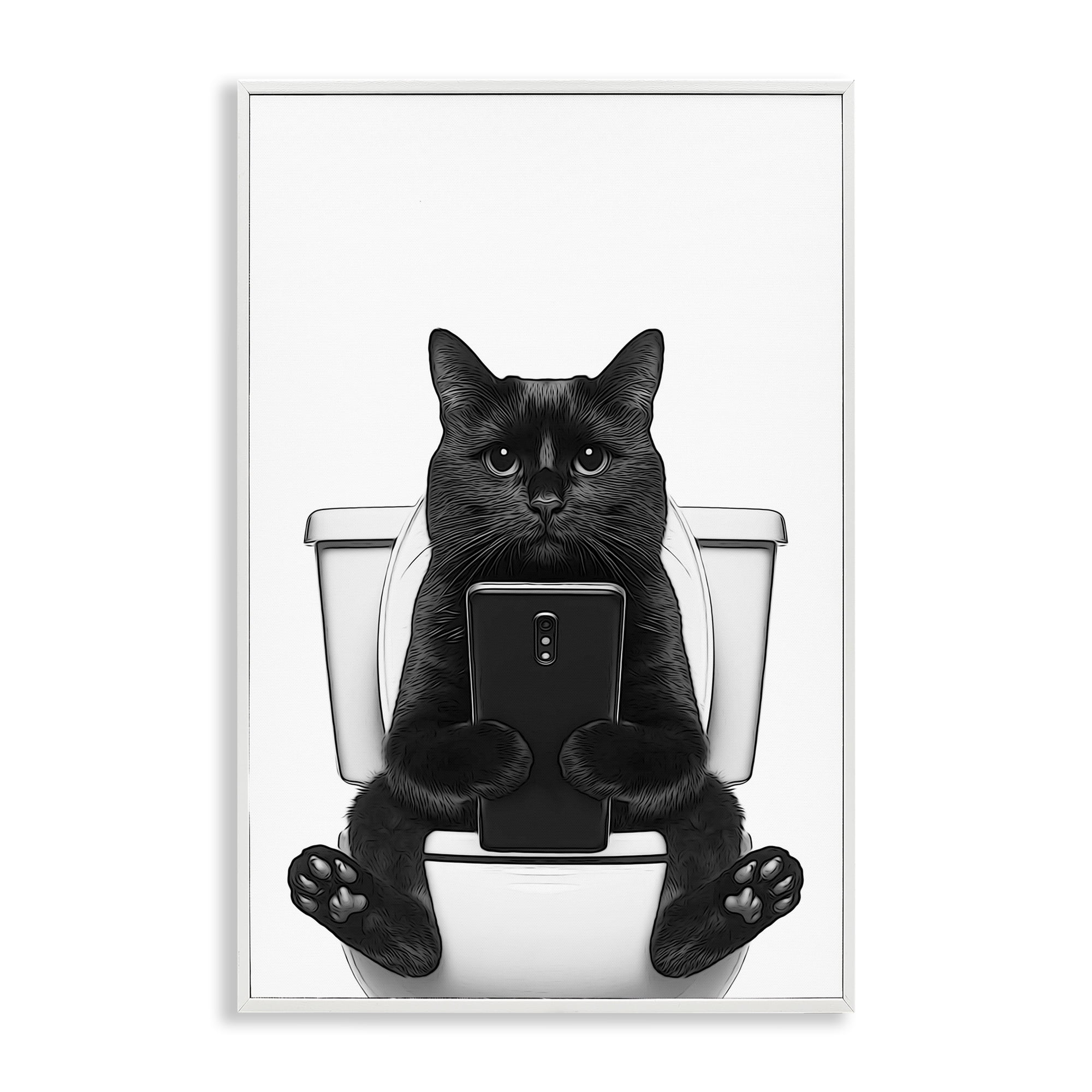Stupell Industries Cat Texting on Toilet Typography Painting White Framed Art Print Wall Art, 12 x 18