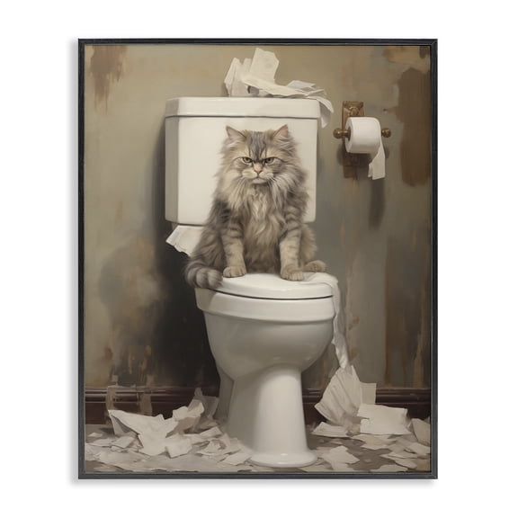 Stupell Industries Cat & Torn Toilet Paper Animals Painting Black Framed Art Print Wall Art, 11 x 14
