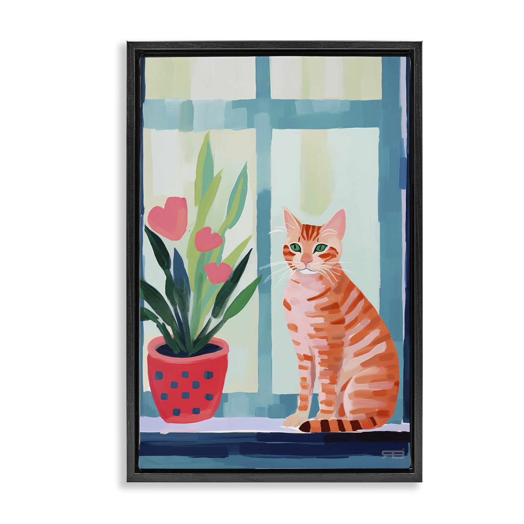 Stupell Industries Cat & Tulips in Windowsill Animals & Insects Painting Black Floater Framed Canvas Art Print Wall Art, 17 x 25