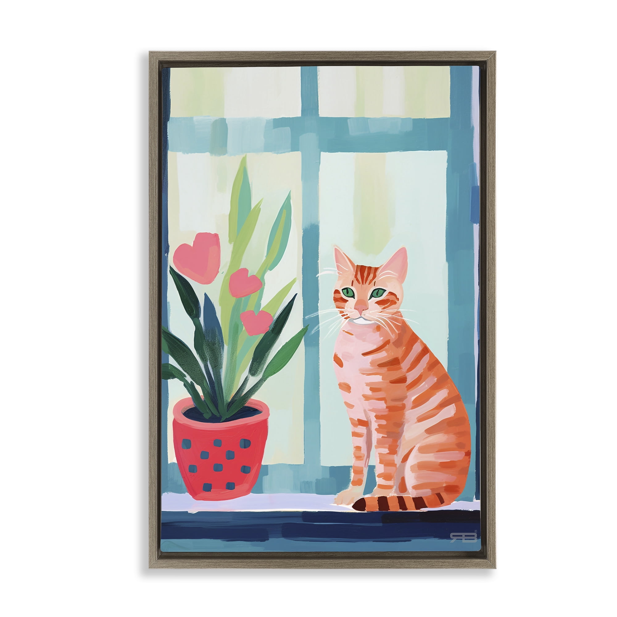 Stupell Industries Cat & Tulips in Windowsill Animals & Insects Painting Brown Floater Framed Canvas Art Print Wall Art, 17 x 25