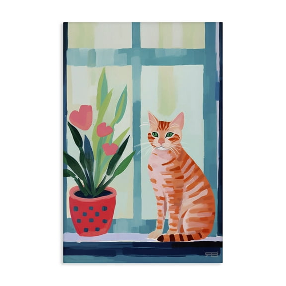 Stupell Industries Cat & Tulips in Windowsill Animals & Insects Painting Gallery Wrapped Canvas Art Print Wall Art, 16 x 24