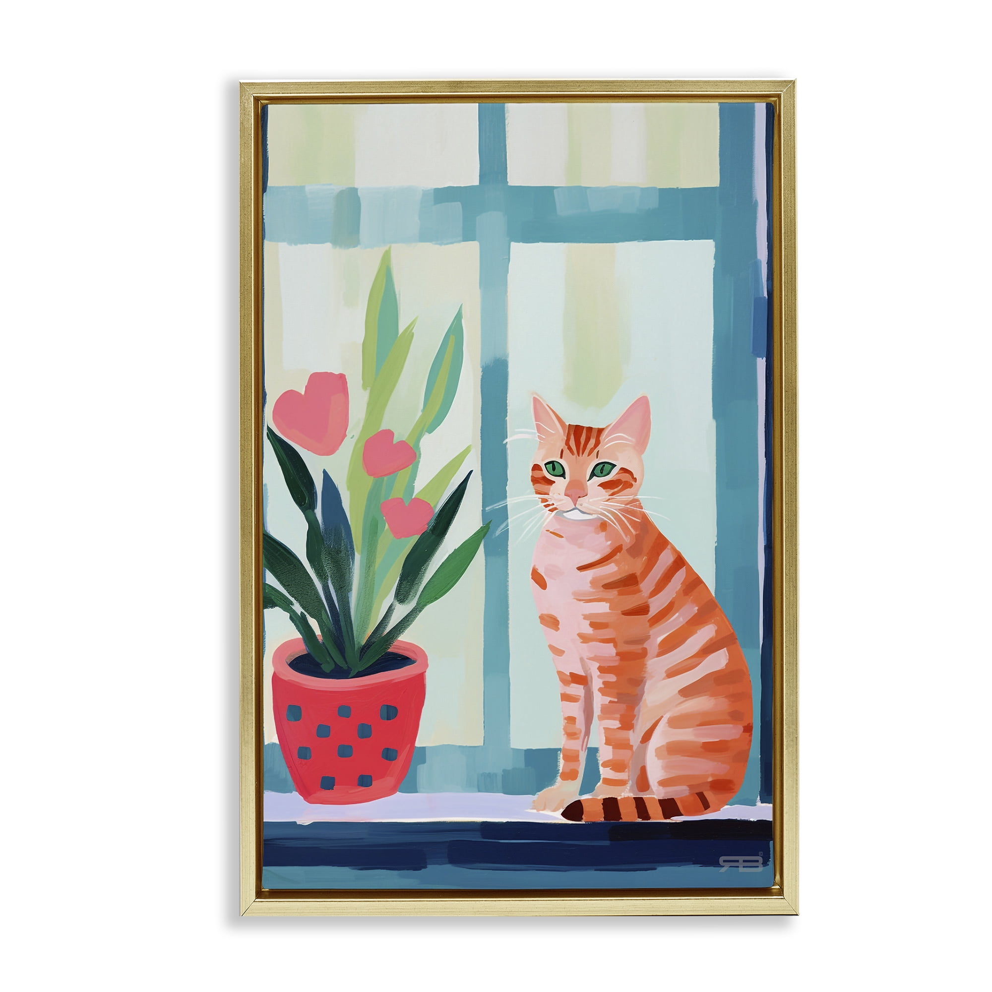 Stupell Industries Cat & Tulips in Windowsill Animals & Insects Painting Gold Floater Framed Canvas Art Print Wall Art, 21 x 31
