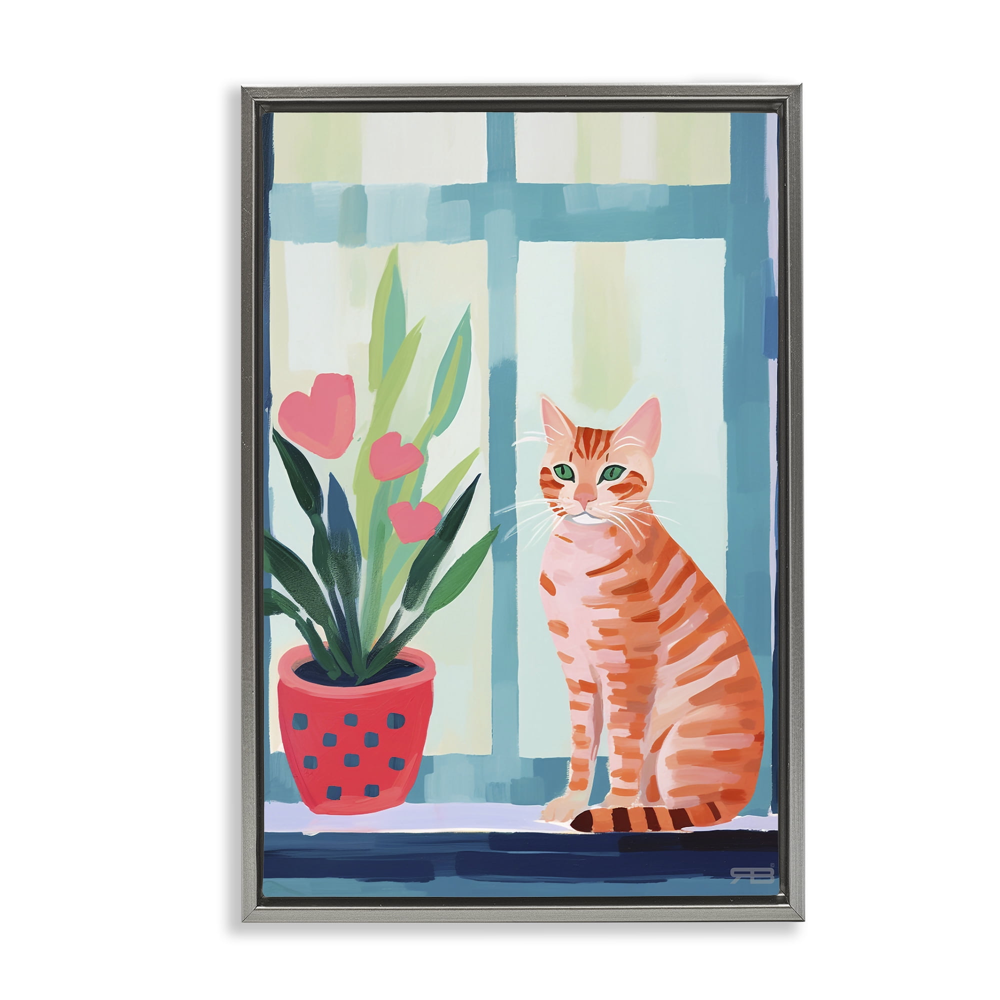 Stupell Industries Cat & Tulips in Windowsill Animals & Insects Painting Gray Floater Framed Canvas Art Print Wall Art, 21 x 31