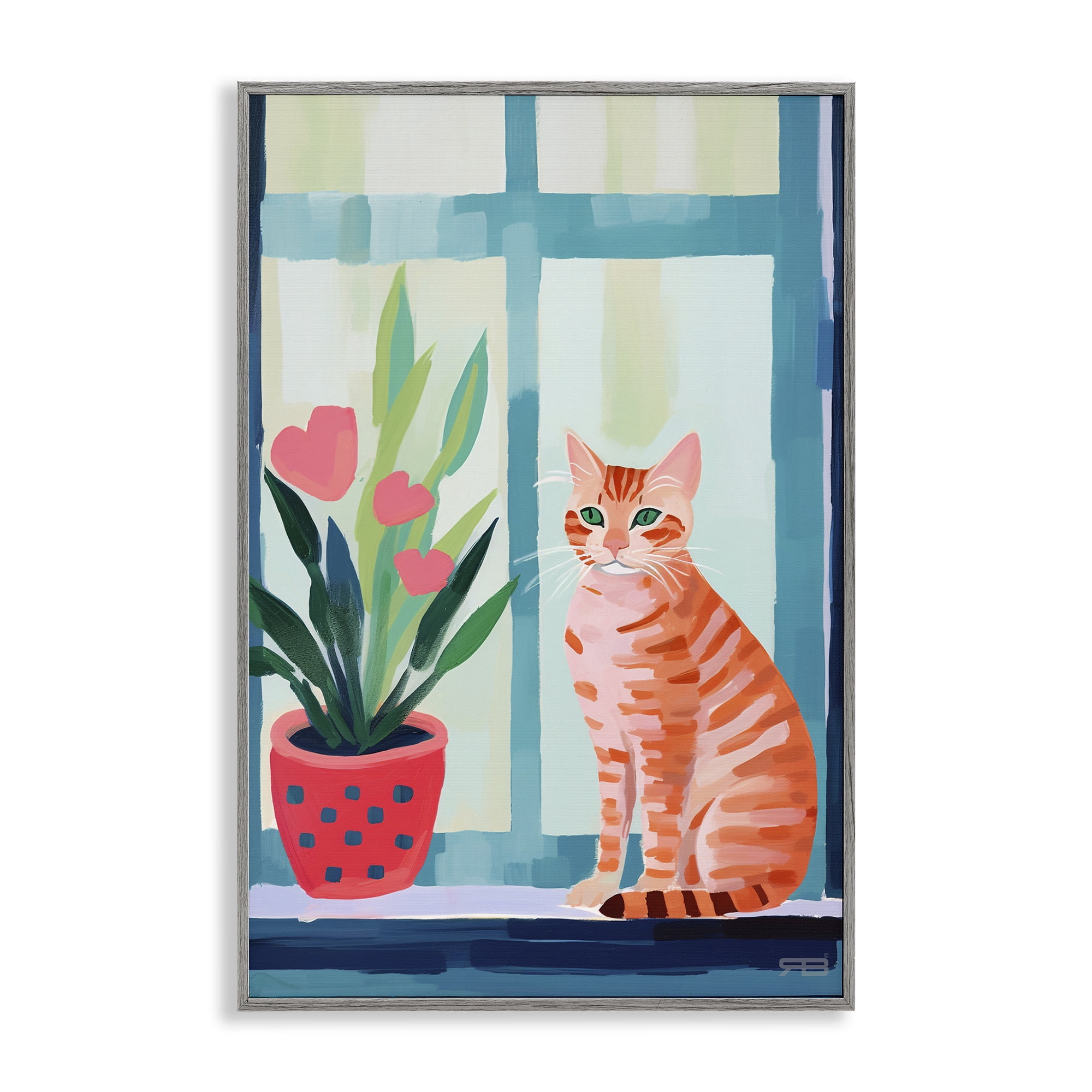 Stupell Industries Cat & Tulips in Windowsill Animals & Insects Painting Gray Framed Art Print Wall Art, 20 x 30