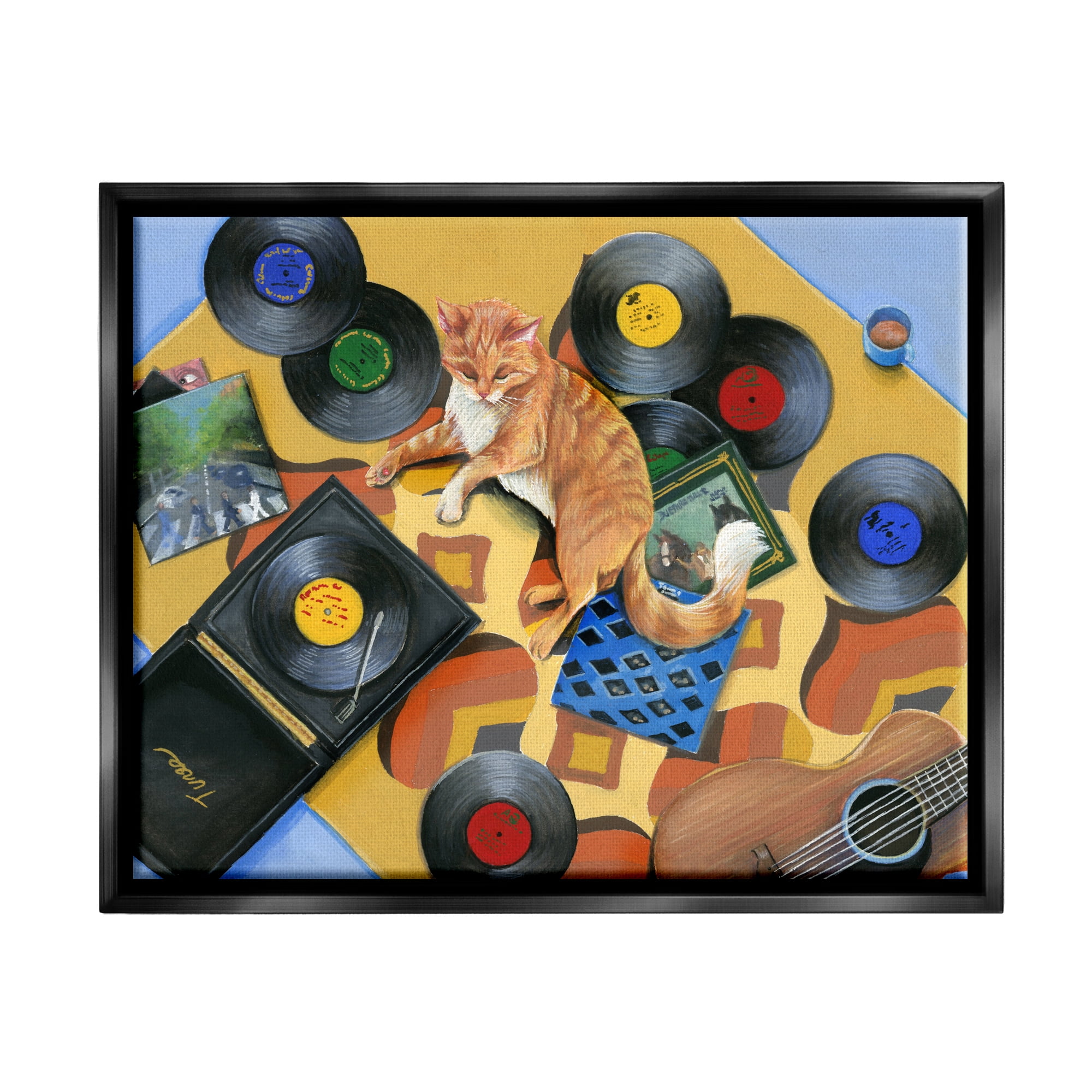 Black Floater Framed Canvas Art with Cat and Vintage Records, 21 x 17