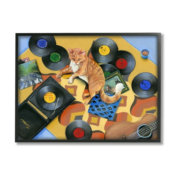 Stupell Industries Cat & Vintage Record Player Animals & Insects Painting Black Framed Art Print Wall Art, 20 x 16