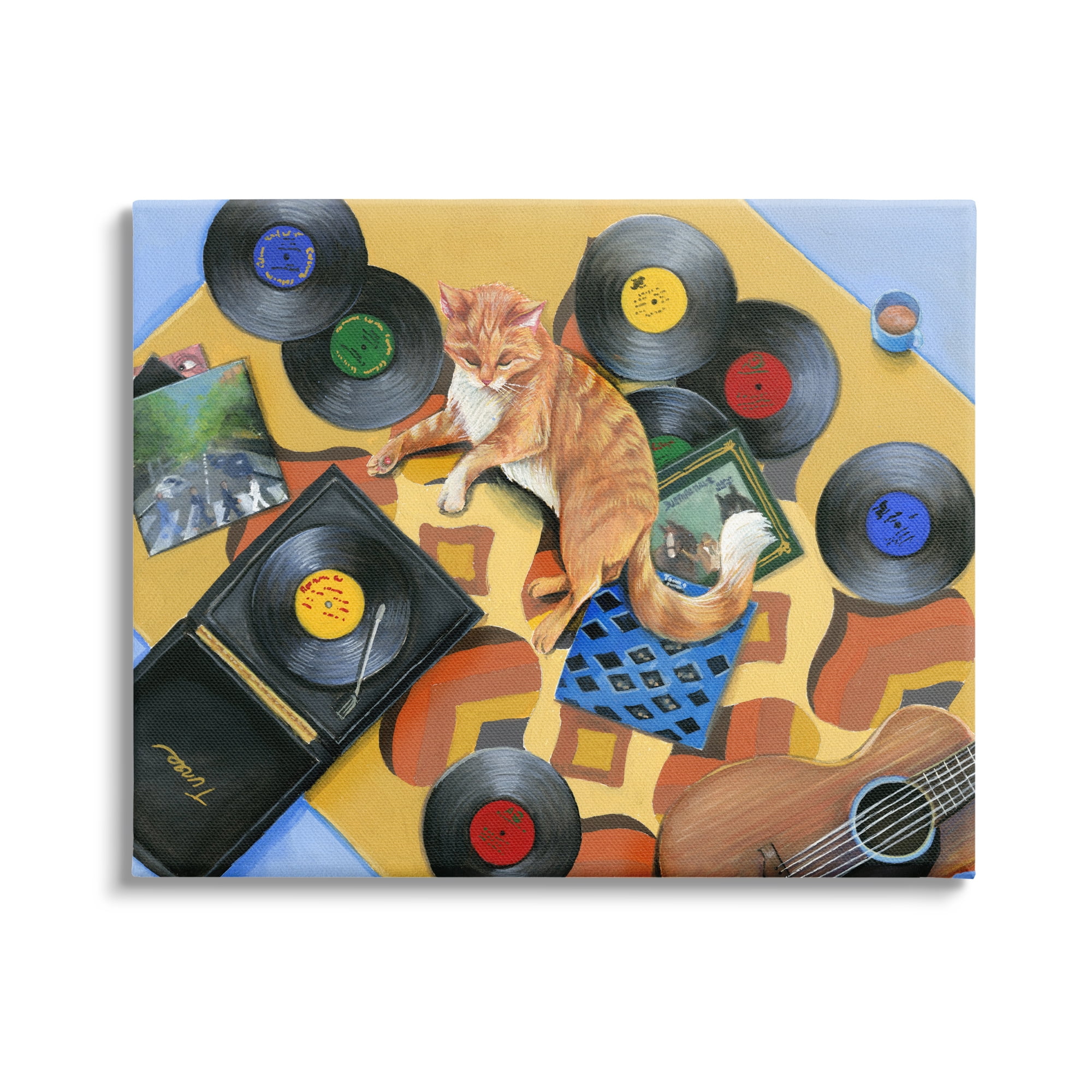 Stupell Industries Cat & Vintage Record Player Animals & Insects Painting Gallery Wrapped Canvas Print Wall Art, 48 x 36