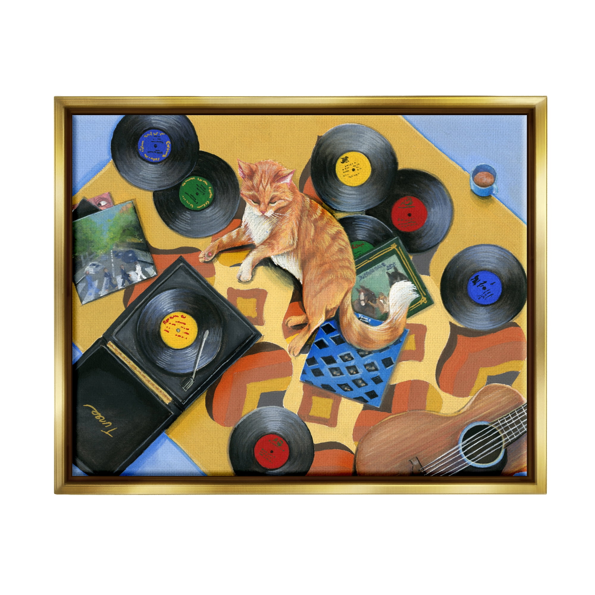 Stupell Industries Cat & Vintage Record Player Animals & Insects Painting Gold Floater Framed Art Print Wall Art, 21 x 17