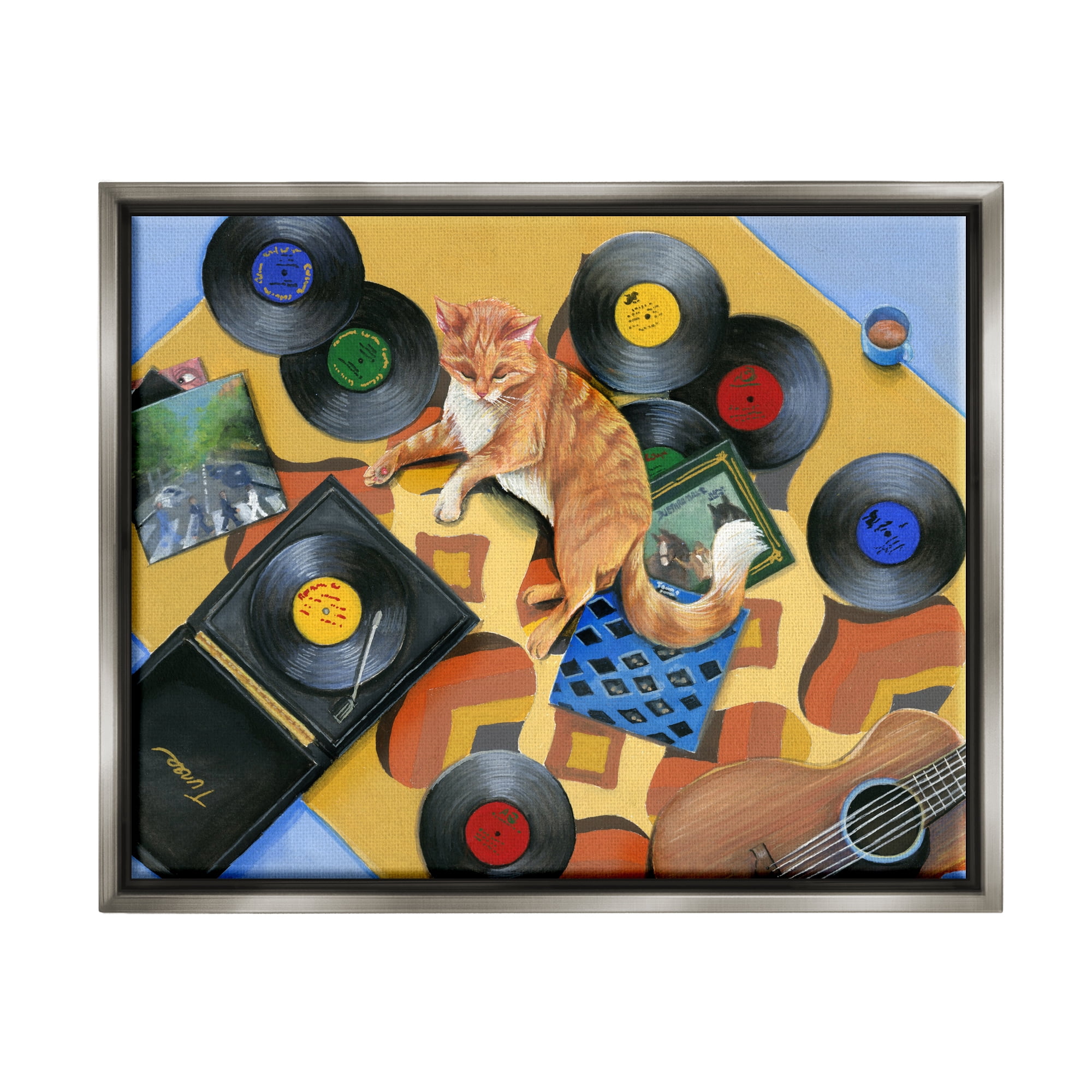 Stupell Industries Cat & Vintage Record Player Animals & Insects Painting Gray Floater Framed Art Print Wall Art, 31 x 25