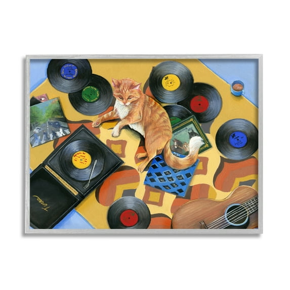 Stupell Industries Cat & Vintage Record Player Animals & Insects Painting Gray Framed Art Print Wall Art, 20 x 16