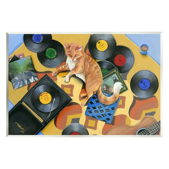 Stupell Industries Cat & Vintage Record Player Animals & Insects Painting Unframed Art Print Wall Art, 19 x 13