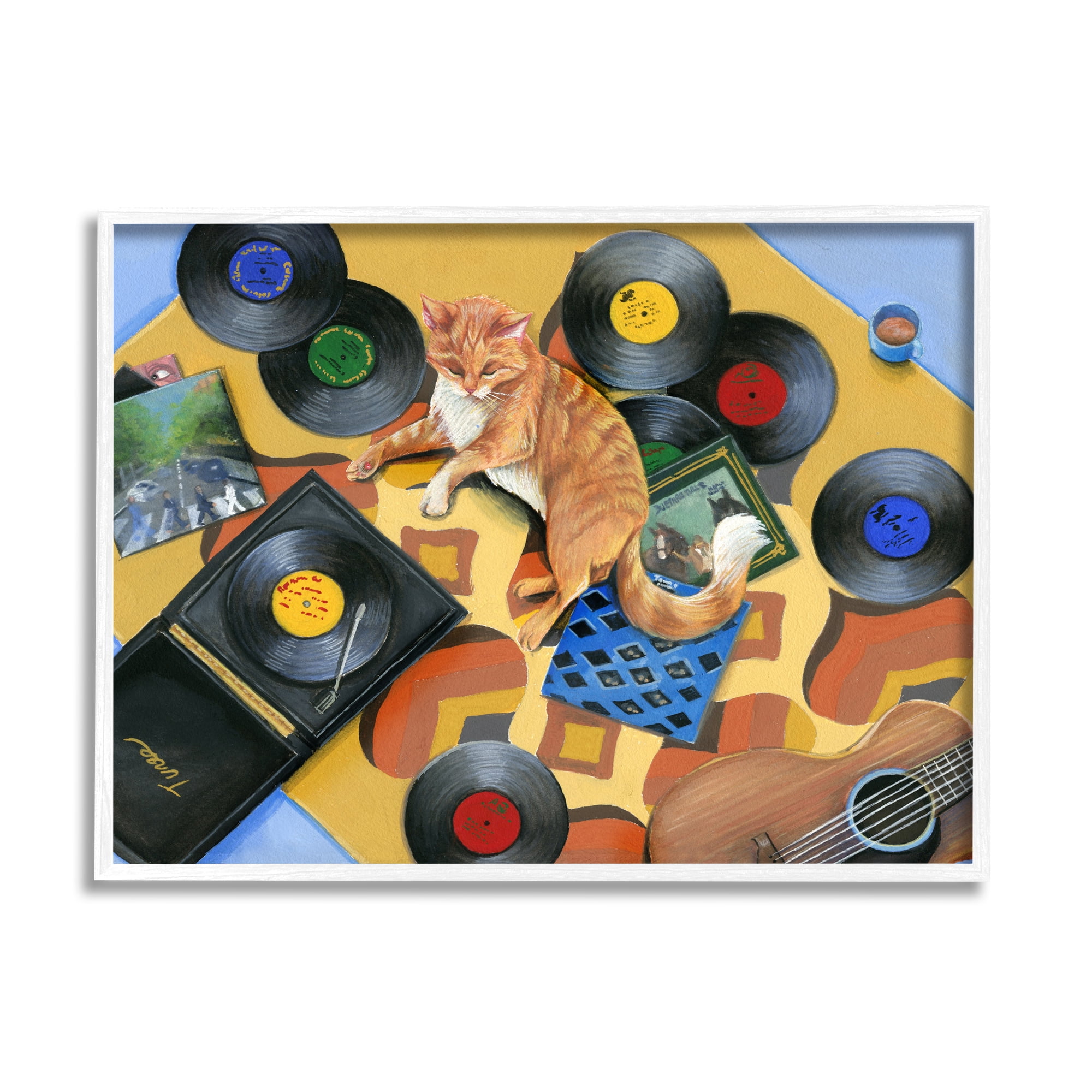 Stupell Industries Cat & Vintage Record Player Animals & Insects Painting White Framed Art Print Wall Art, 20 x 16