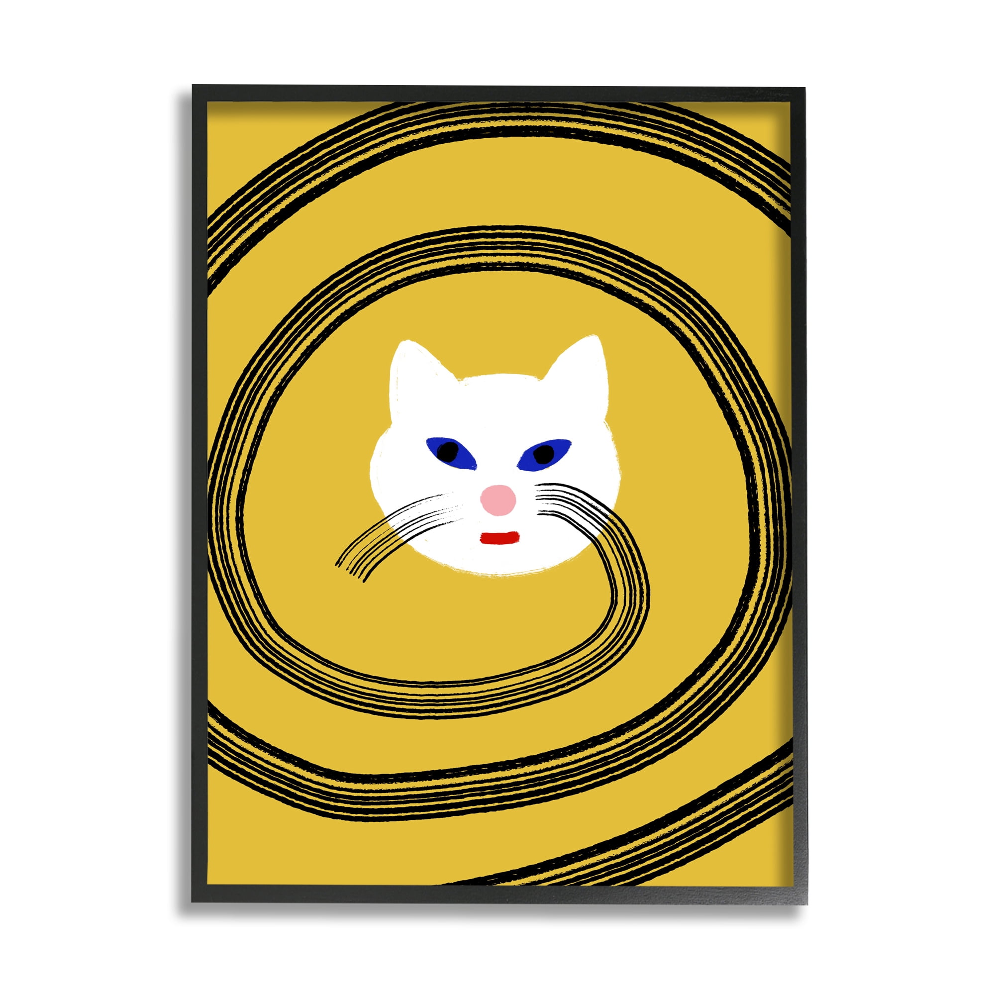 Stupell Industries Cat Whiskers Meow Abstract Modern Spiral over Yellow Animals & Insects Painting Black Framed Art Print Wall Art, 11 x 14