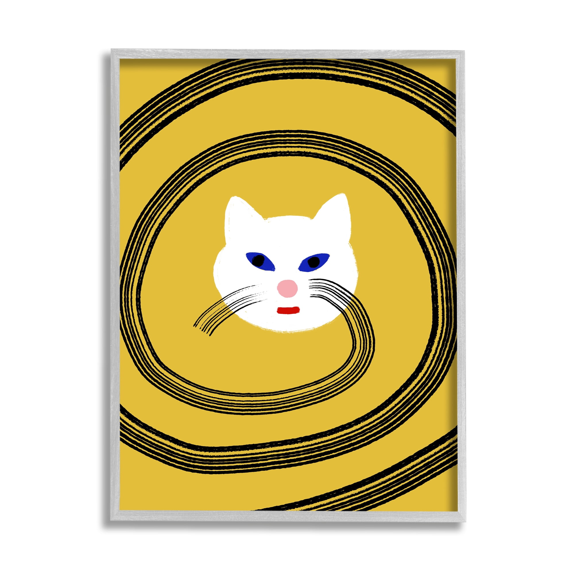 Stupell Industries Cat Whiskers Meow Abstract Modern Spiral over Yellow Animals & Insects Painting Gray Framed Art Print Wall Art, 11 x 14