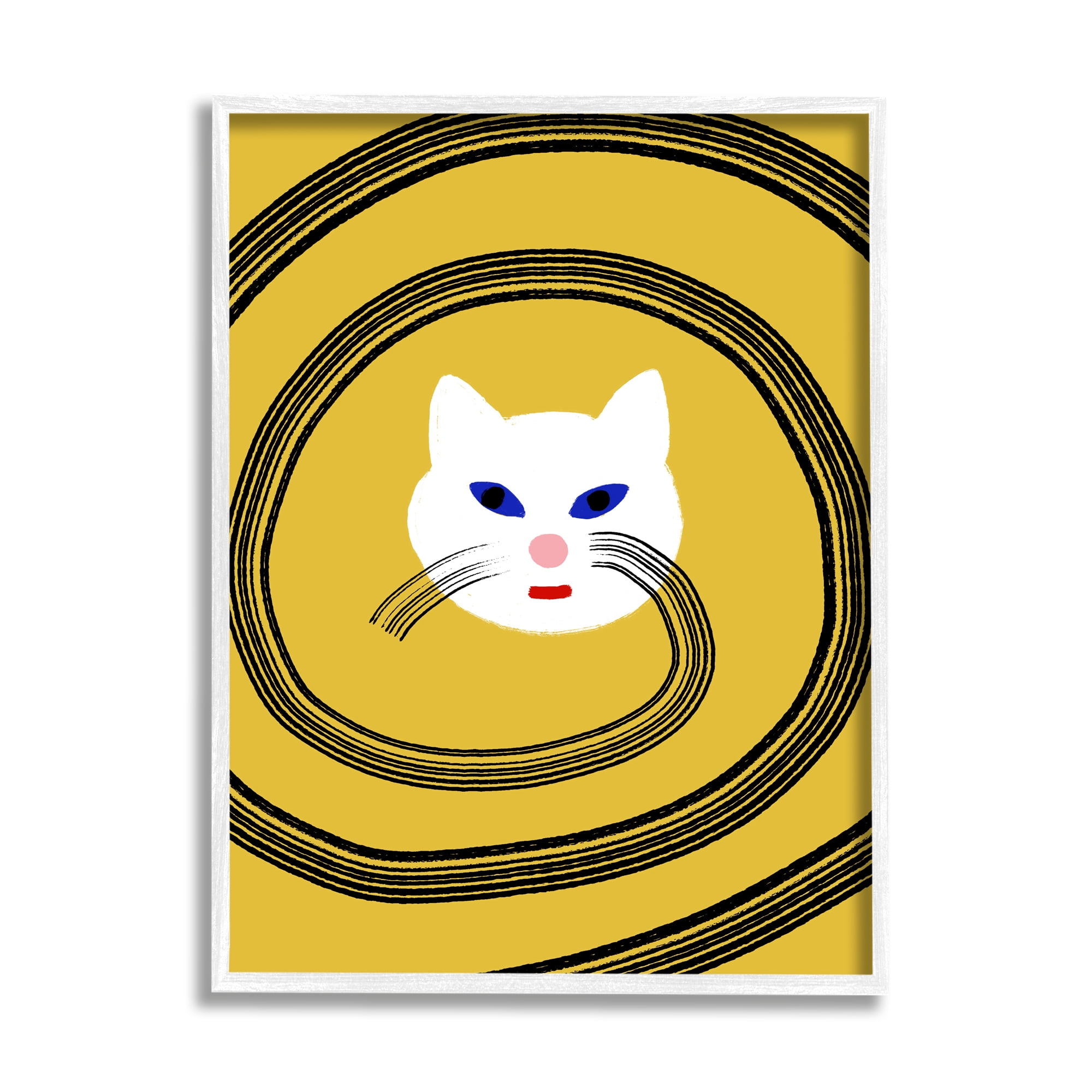 Stupell Industries Cat Whiskers Meow Abstract Modern Spiral over Yellow Animals & Insects Painting White Framed Art Print Wall Art, 11 x 14