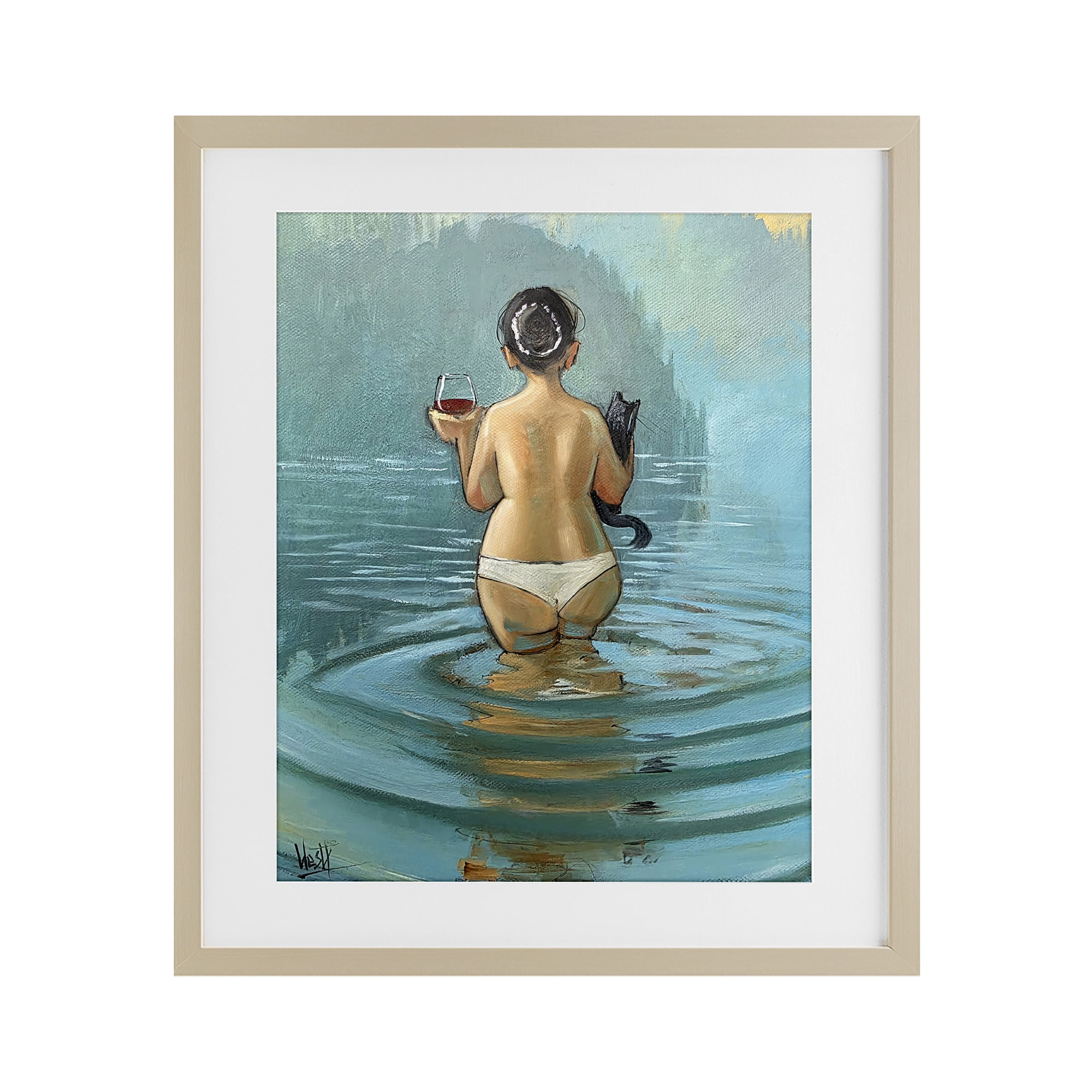 Stupell Industries Cat & Wine Dip At Twilight Birch Framed Print Under Glass, design by Ronald West