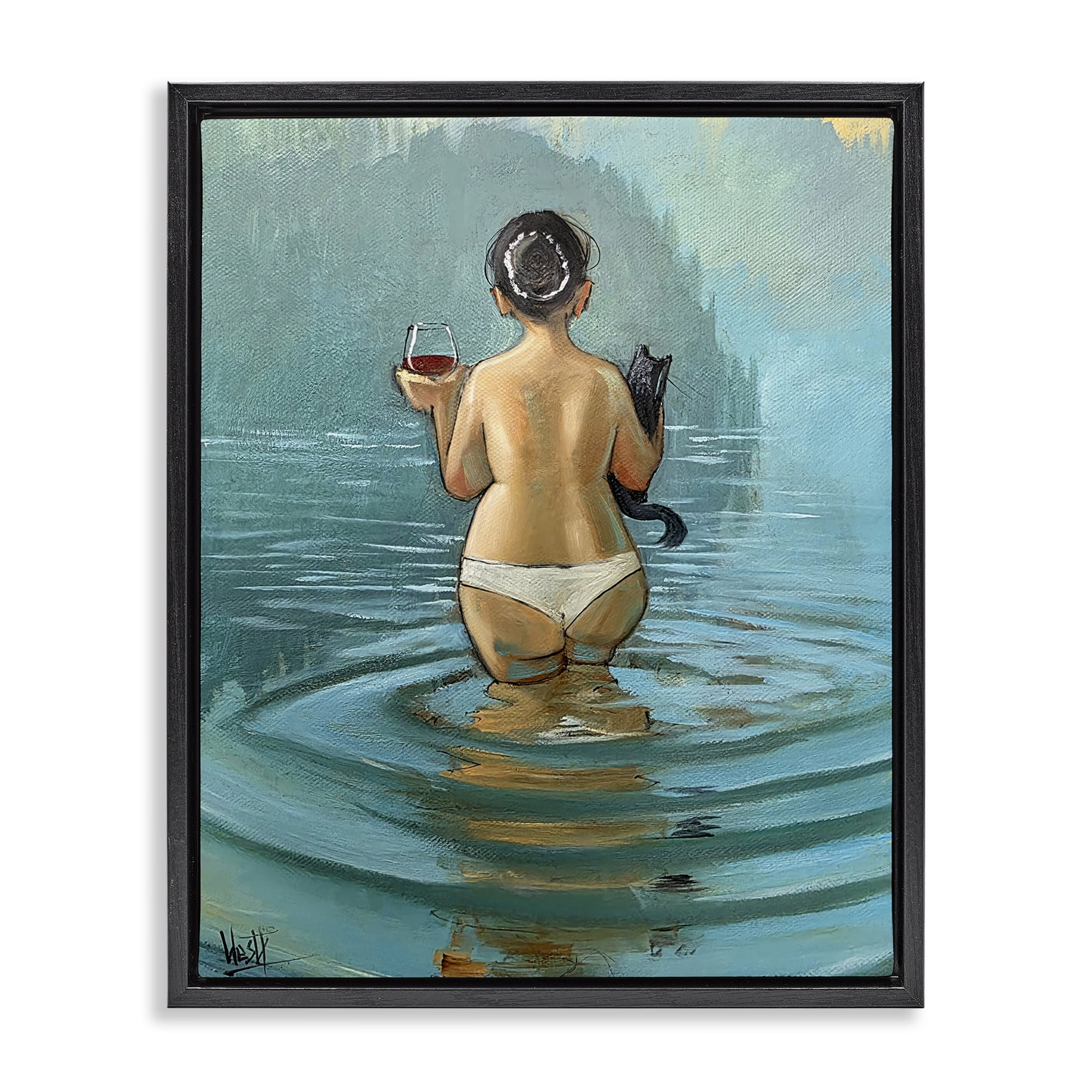 Stupell Industries Cat & Wine Dip At Twilight Black Framed Floater Canvas Wall Art, design by Ronald West