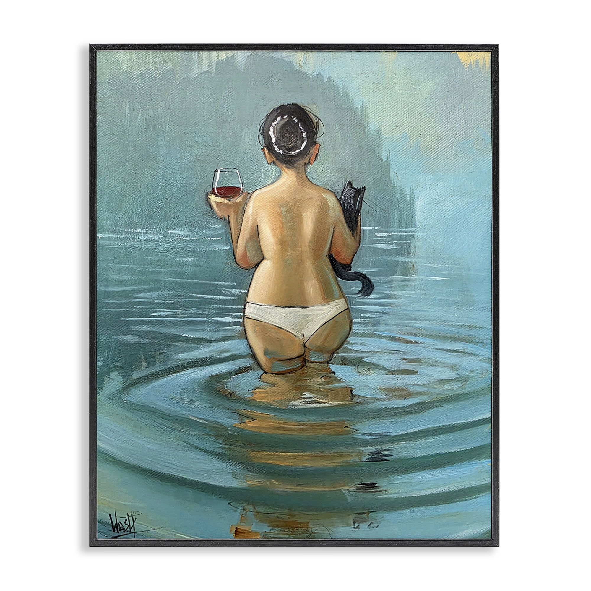 Stupell Industries Cat & Wine Dip At Twilight Black Framed Giclee Art, design by Ronald West