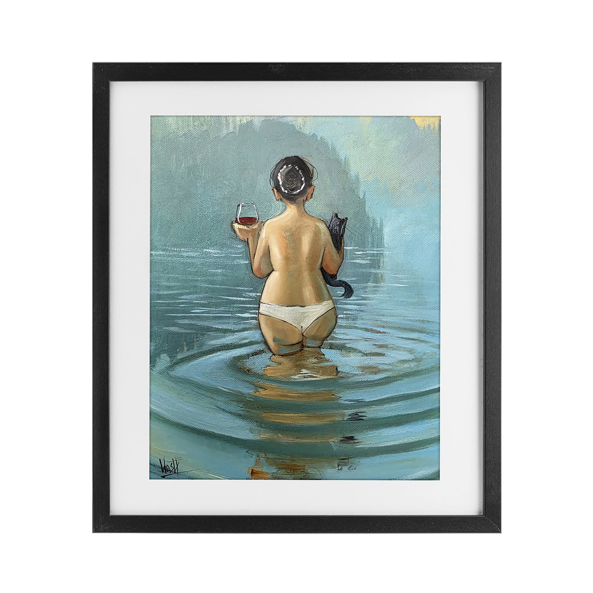 Stupell Industries Cat & Wine Dip At Twilight Black Framed Print Under Glass, design by Ronald West