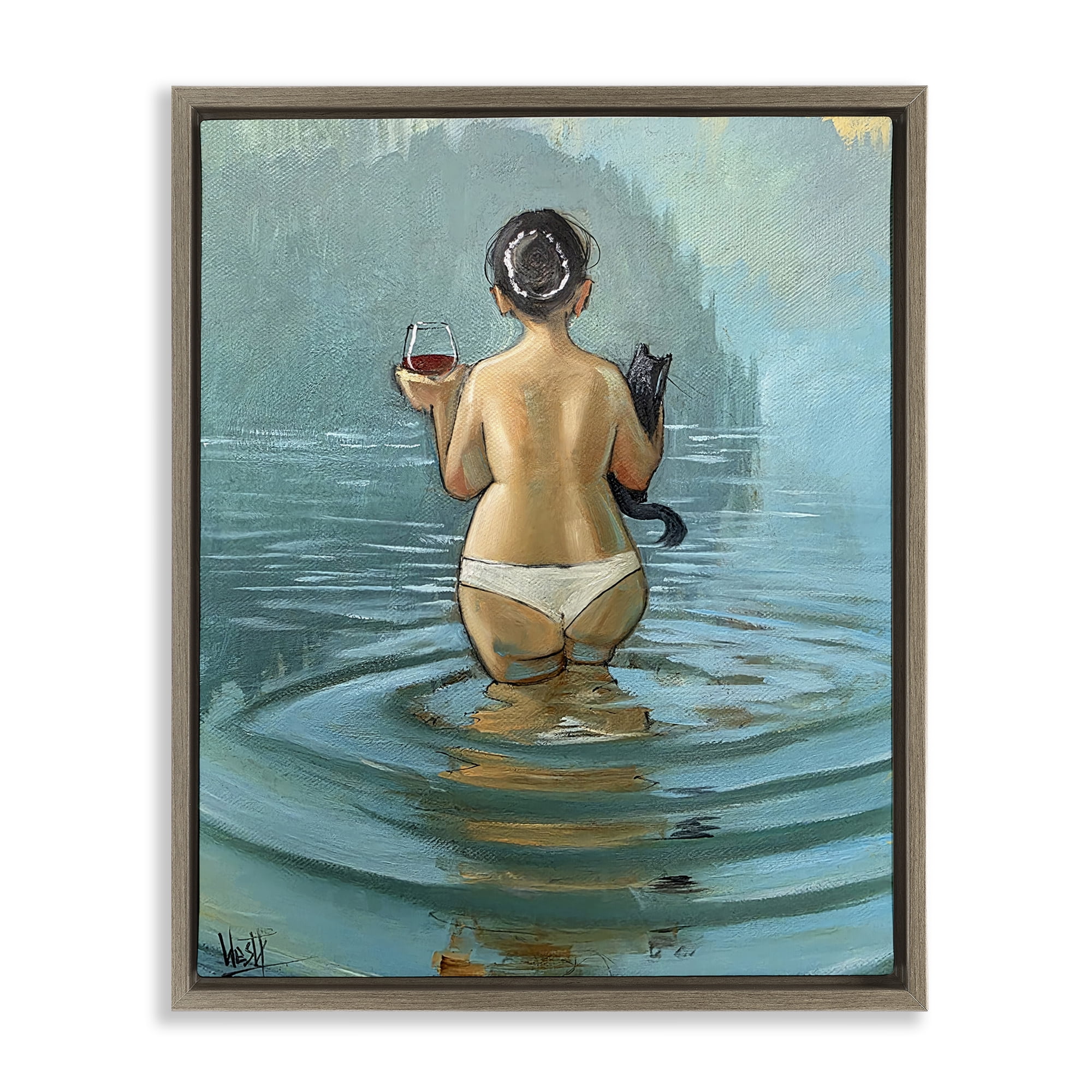 Stupell Industries Cat & Wine Dip At Twilight Brown Framed Floater Canvas Wall Art, design by Ronald West