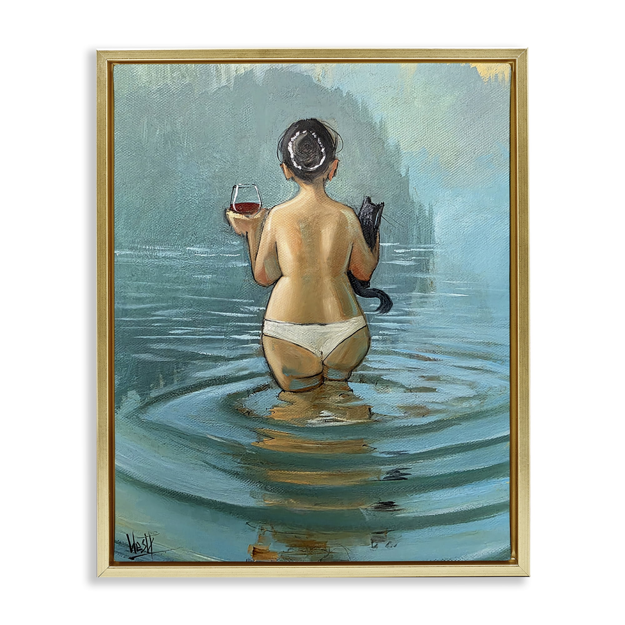 Stupell Industries Cat & Wine Dip At Twilight Gold Framed Floater Canvas Wall Art, design by Ronald West