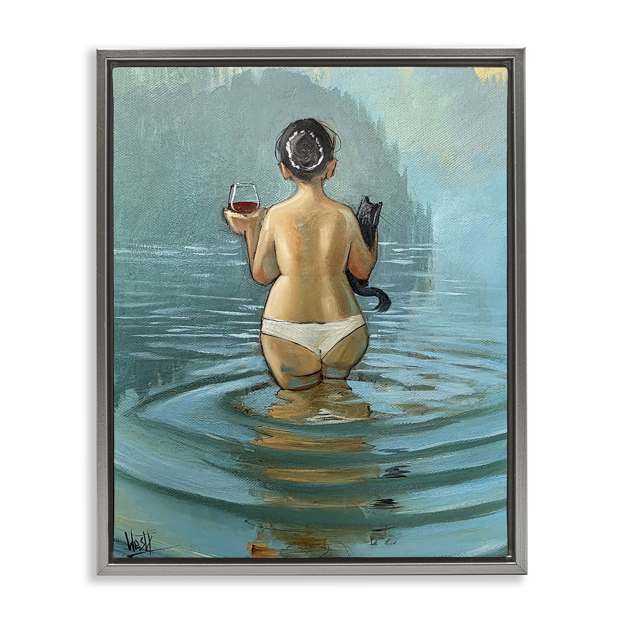 Stupell Industries Cat & Wine Dip At Twilight Gray Framed Floater Canvas Wall Art, design by Ronald West