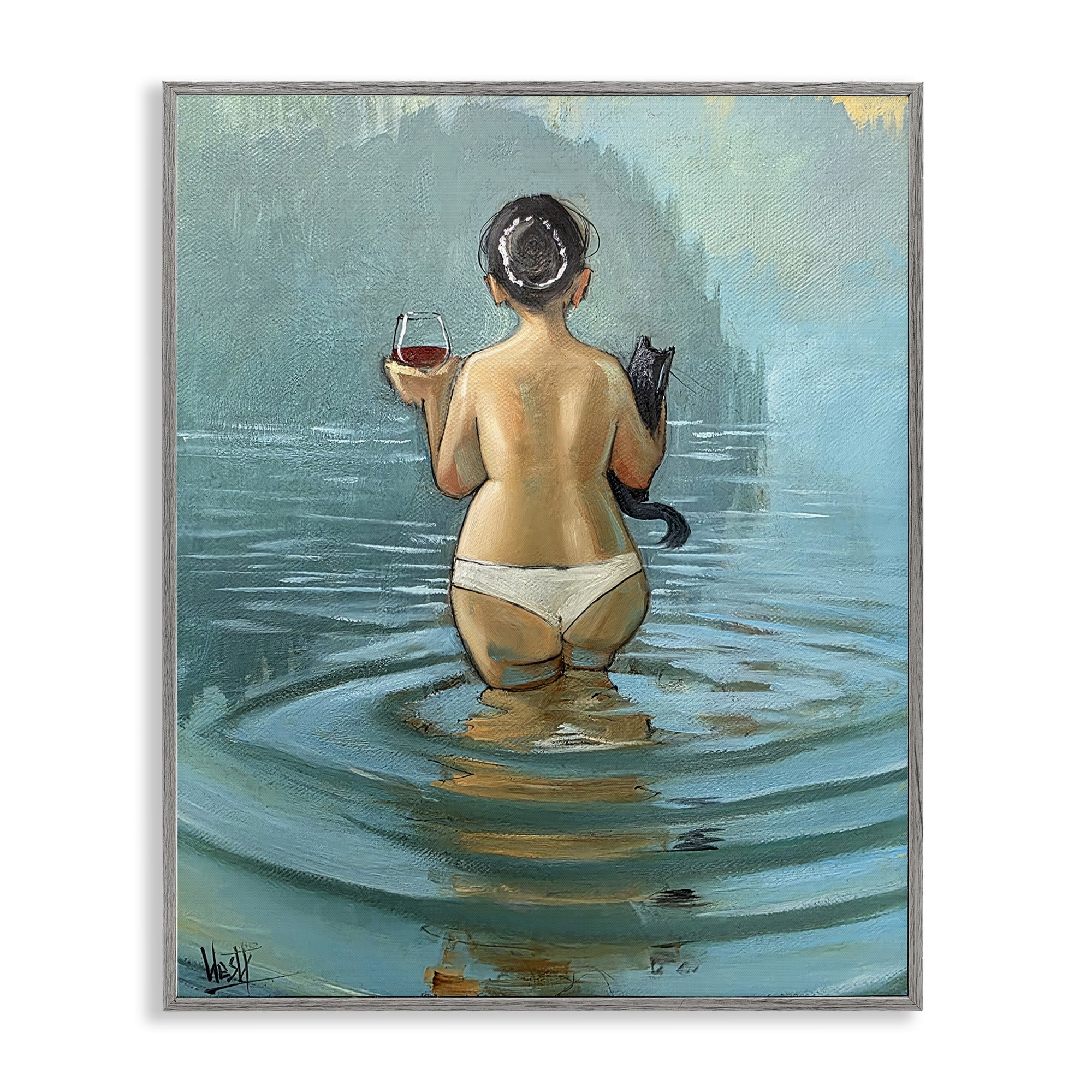 Stupell Industries Cat & Wine Dip At Twilight Gray Framed Giclee Art, design by Ronald West