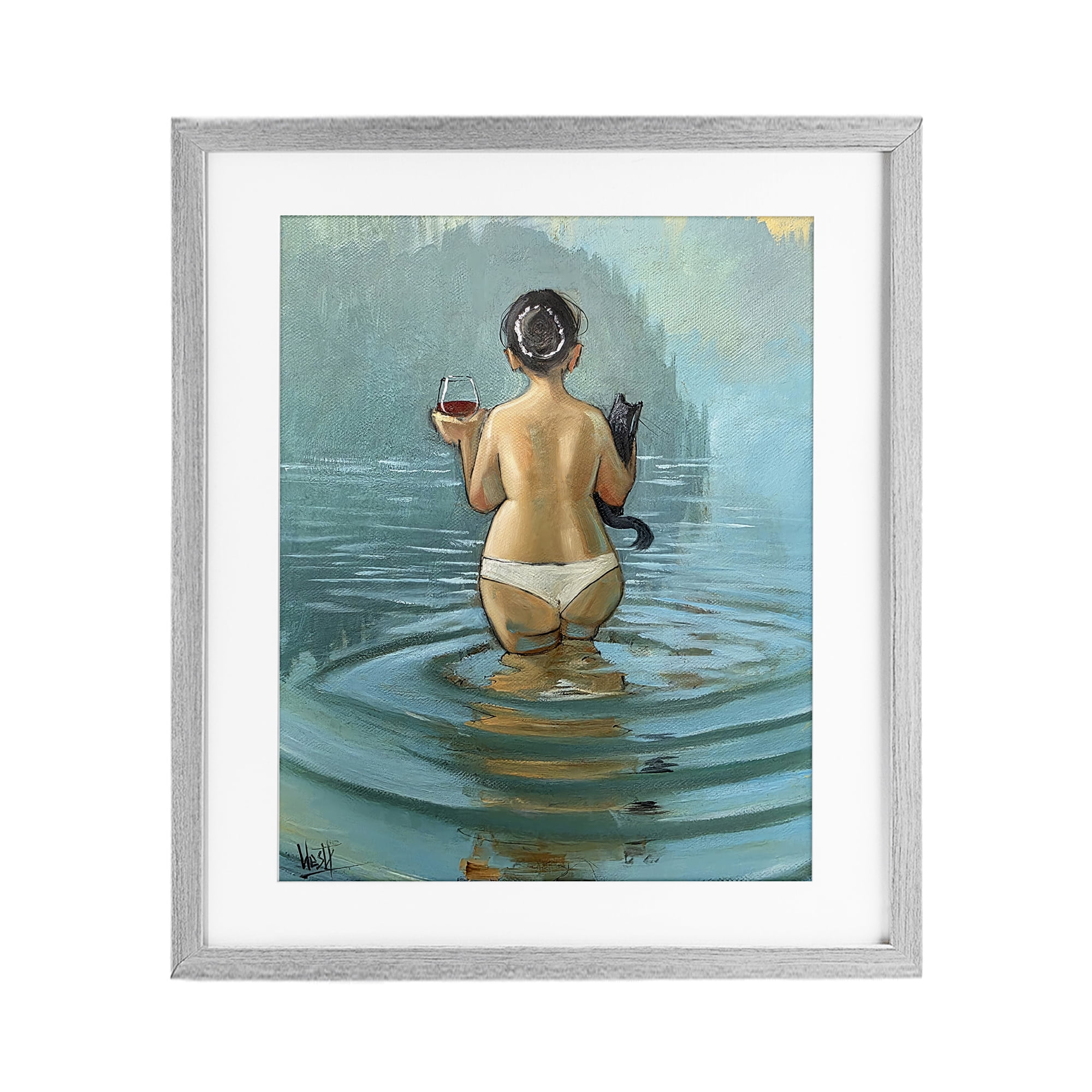 Stupell Industries Cat & Wine Dip At Twilight Gray Framed Print Under Glass, design by Ronald West