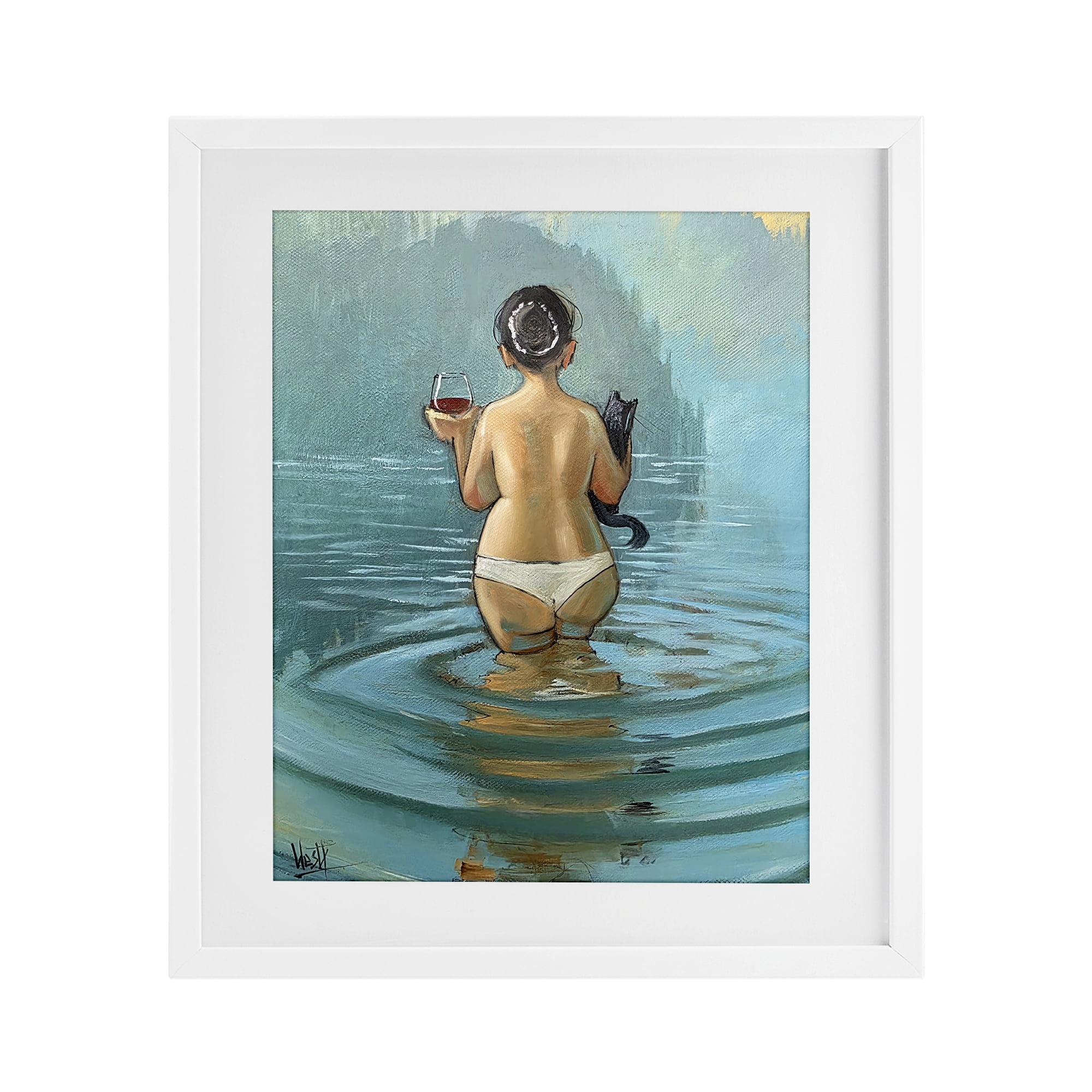 Stupell Industries Cat & Wine Dip At Twilight White Framed Print Under Glass, design by Ronald West