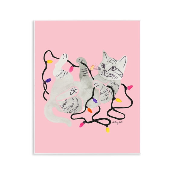 Cat With Christmas Lights Pink Wall Plaque Art, 11 x 14, Made In USA