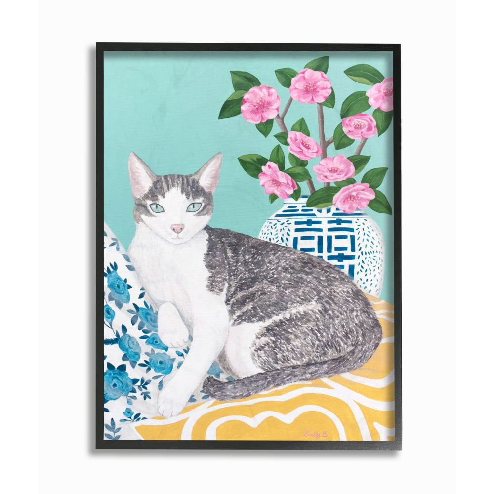 Stupell Industries Cat With Cushion And Vase Pastel Animal Painting Framed Wall Art by Sally B, 24" x 30", Black Framed