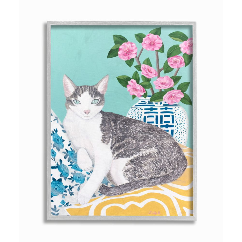 Stupell Industries Cat With Cushion And Vase Pastel Animal Painting Gray Framed Art Print Wall Art, 11x14, by Sally B