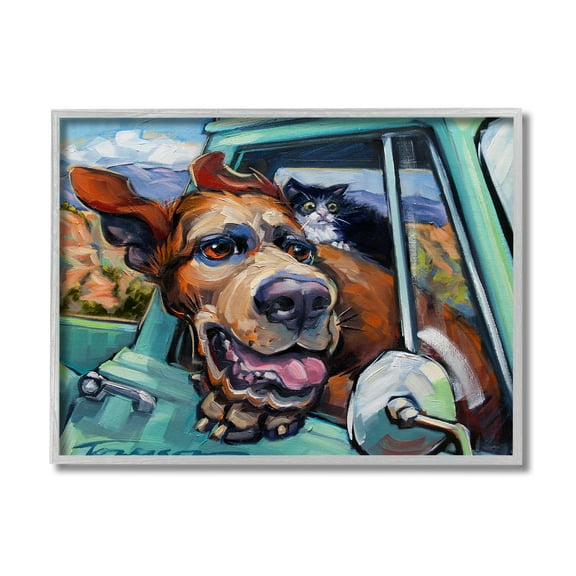 Stupell Industries Cat and Dog in Truck Window Wild Ride Gray Framed by CR Townsend